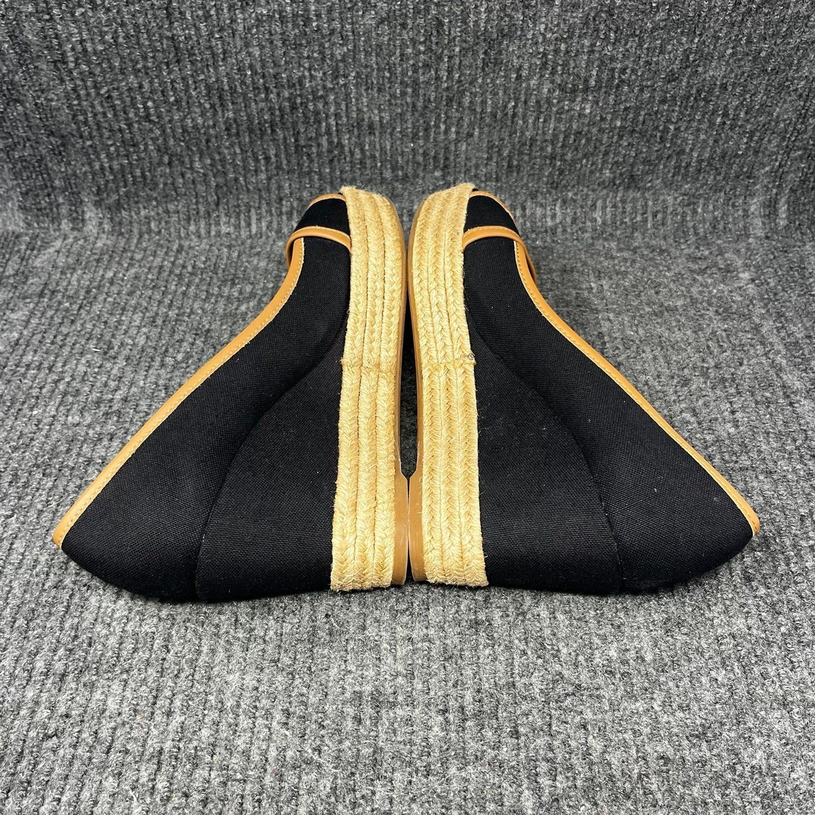 Tory Burch Majorca Logo Wedge Sandals Peep Toe Black Canvas Womens 9.5 / 39.5 EU