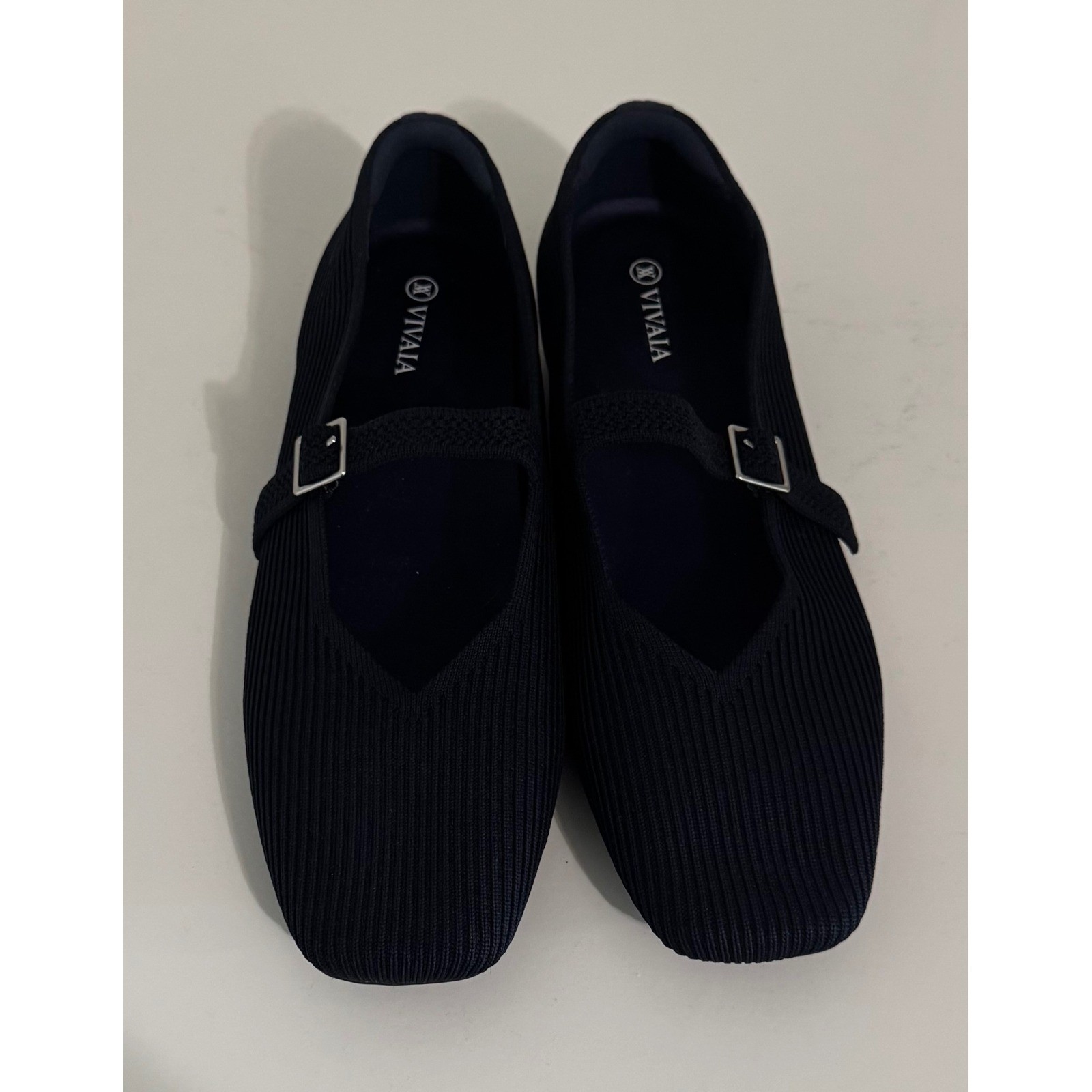 VIVAIA Margot Mary Jane Navy Blue Knit Square Toe Buckle Strap Flats Shoes 11