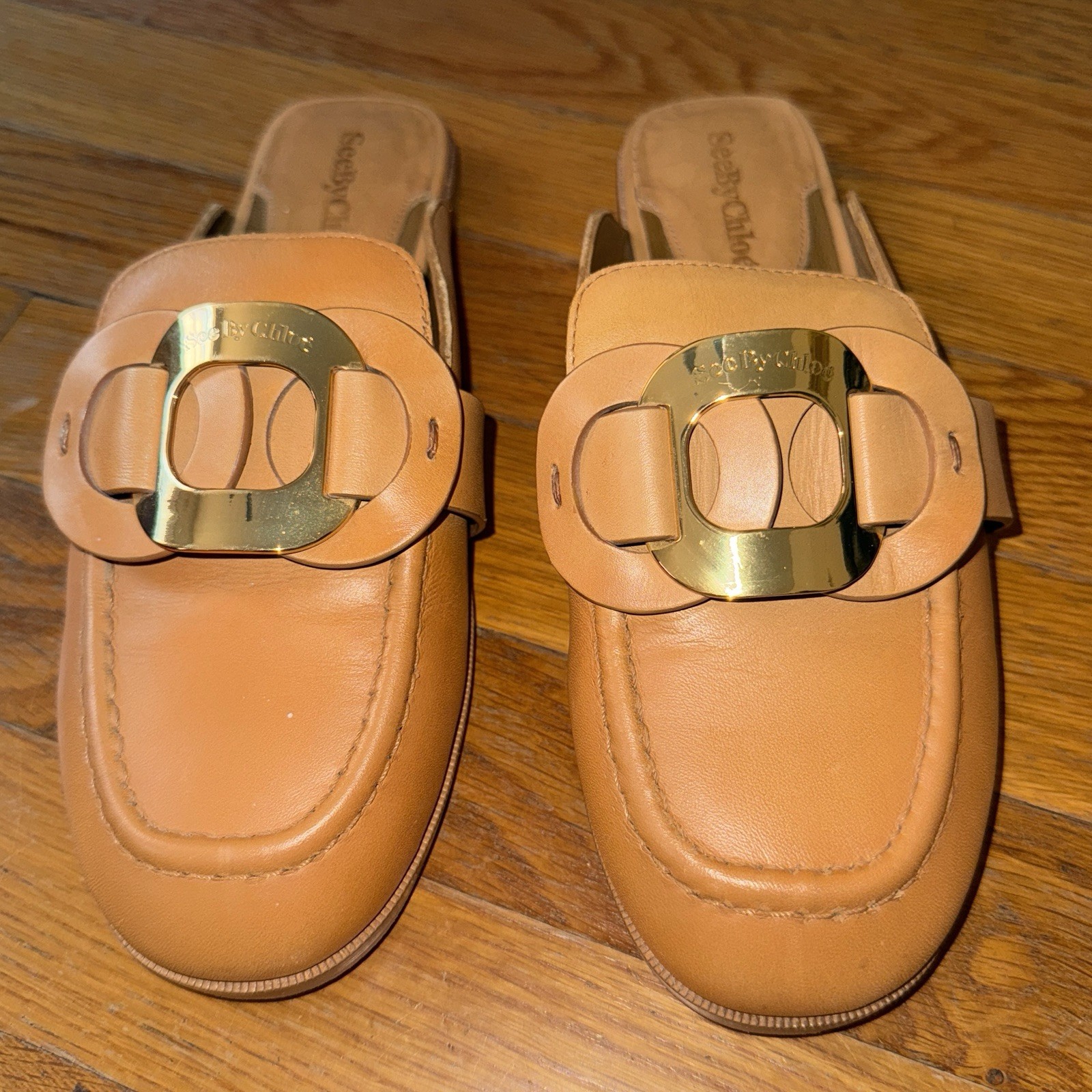 See By Chloe Shoes Womens Size 37 US 7 Chany Leather Mules Tan Slip Ons Calfskin