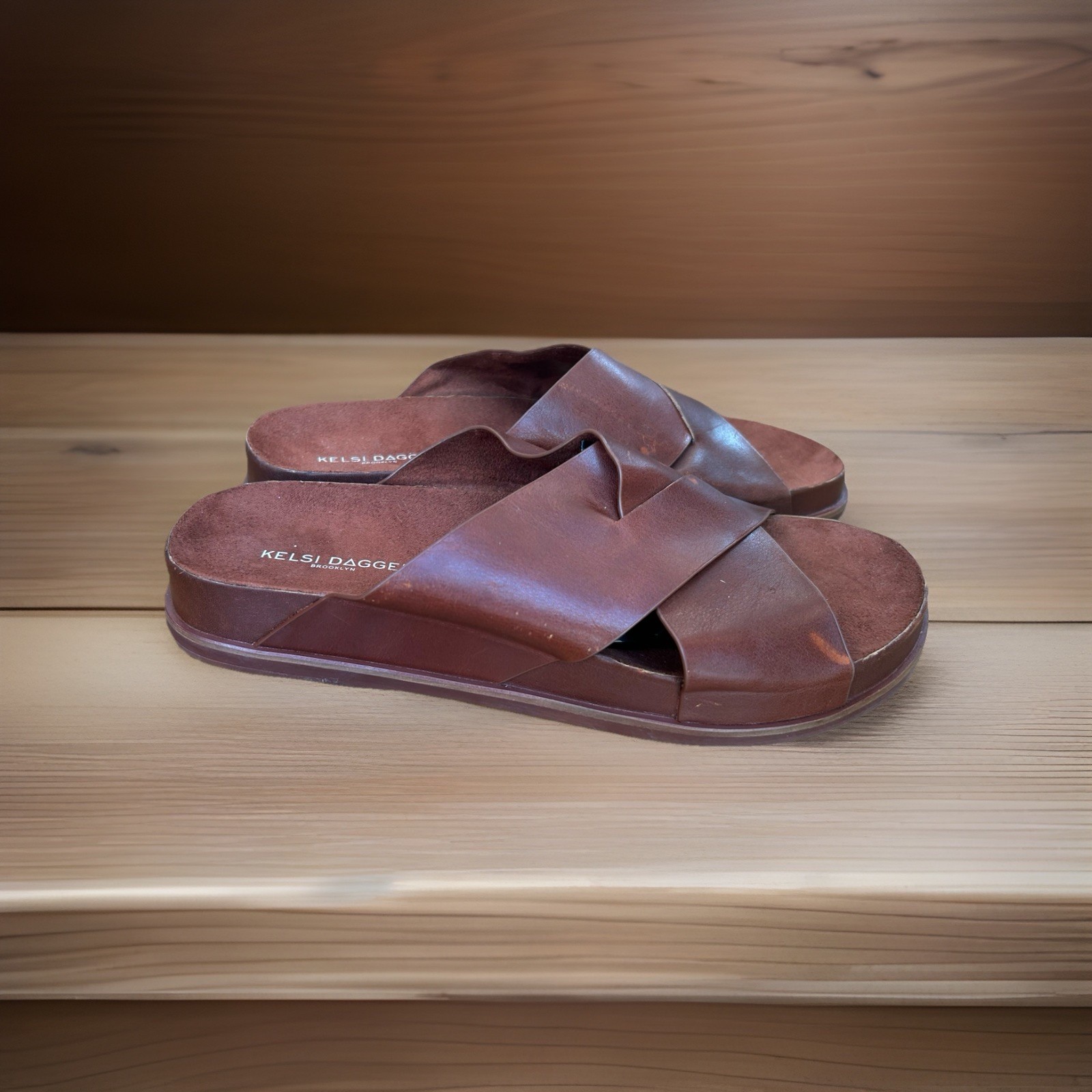 Kelsi Dagger Shoes Womens Size 9.5 Brown Leather Slide Sandals Wedge Comfort