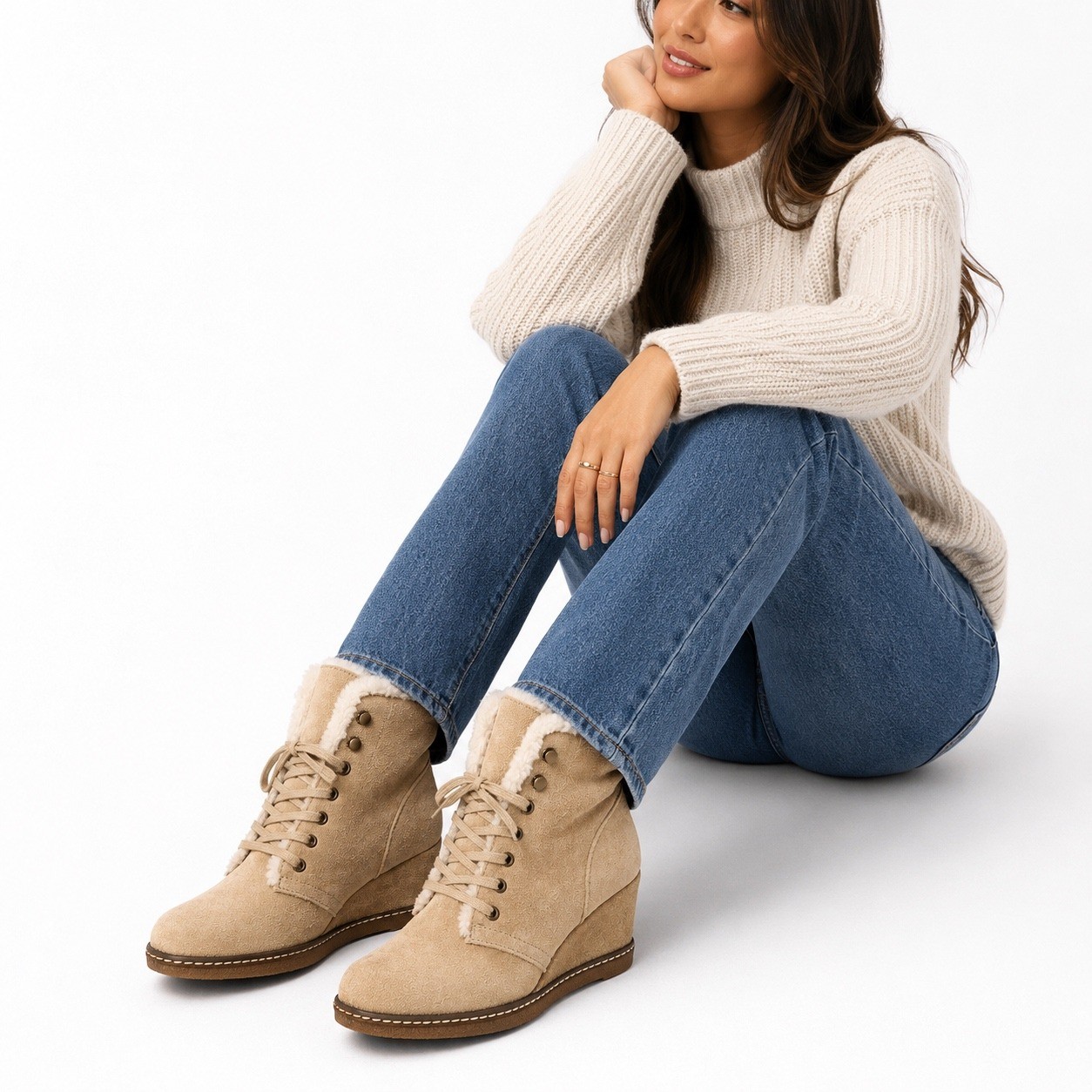 J. Crew Women’s Beige Suede Shearling Wedge Ankle Boots Size 7