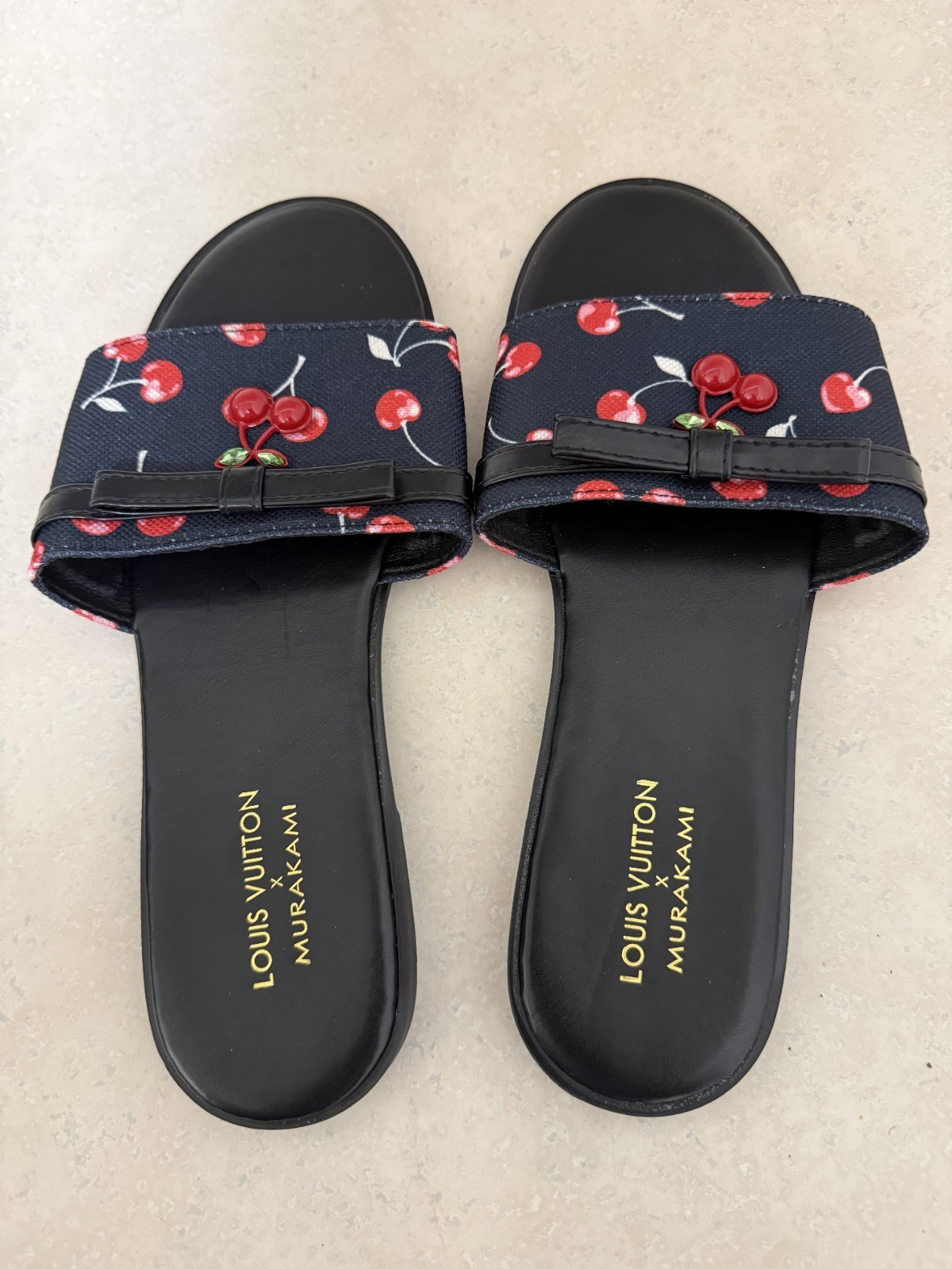 Louis Vuitton Women’s Black/Blue/Red Cherry Logo Slip-On Slide Sandals EU 39