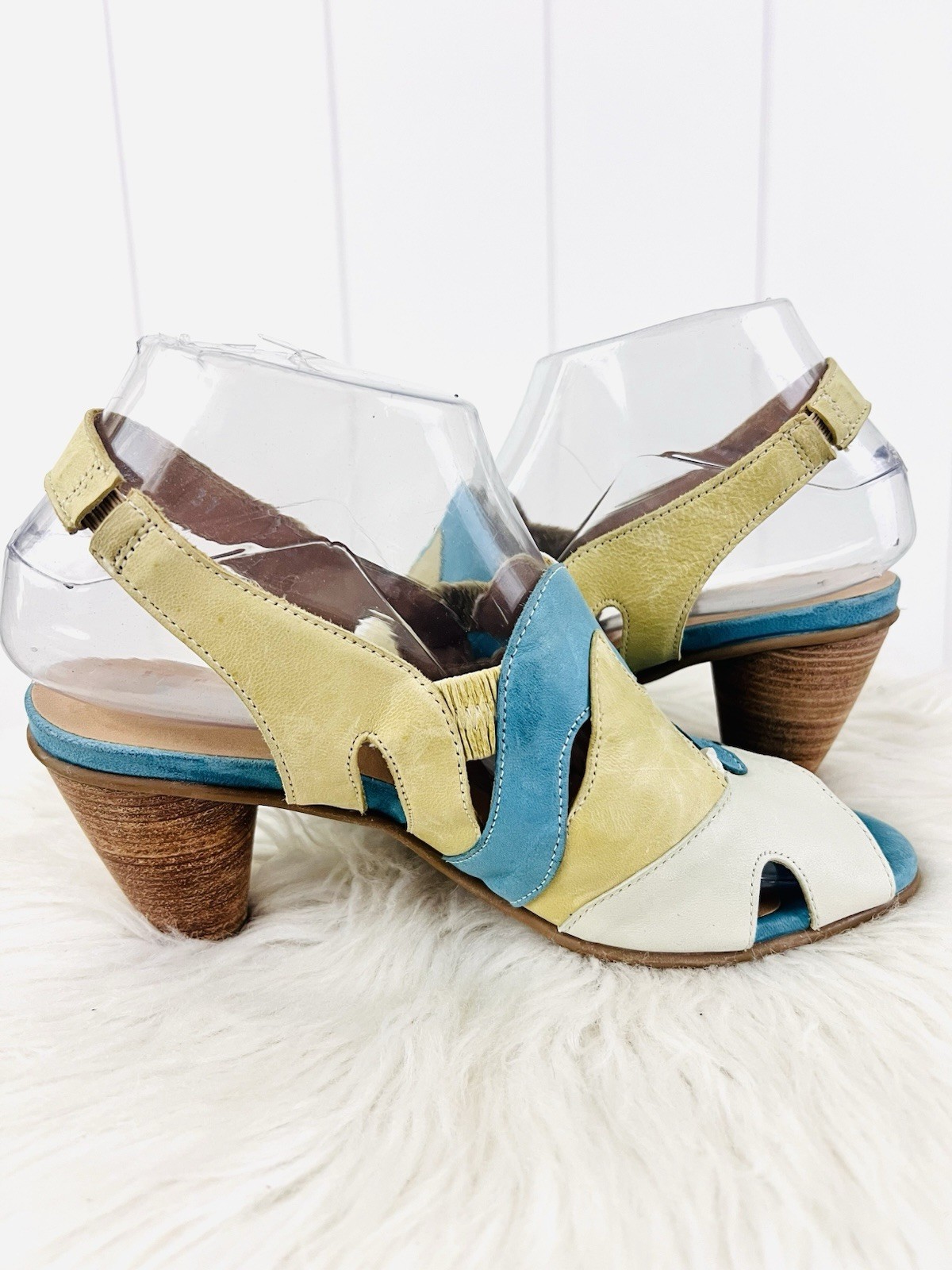 Fidji Blue & Yellow Patchwork Leather Cutout Slingback Sandals Heels EU37 US6