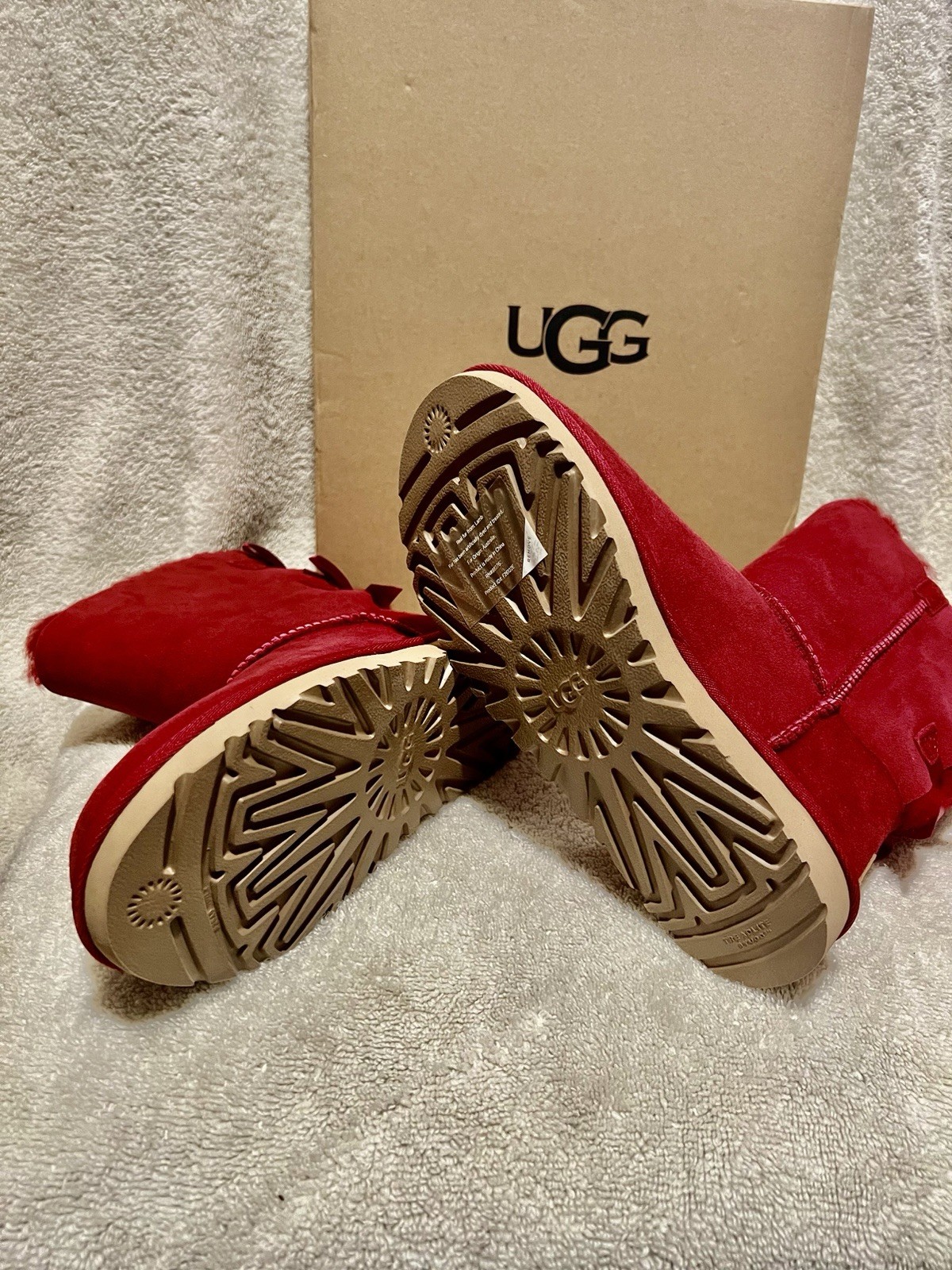 UGG Women’s Bailey Bow II Suede Sheepskin Lined Pull-On Mid-Calf Boots Red 5