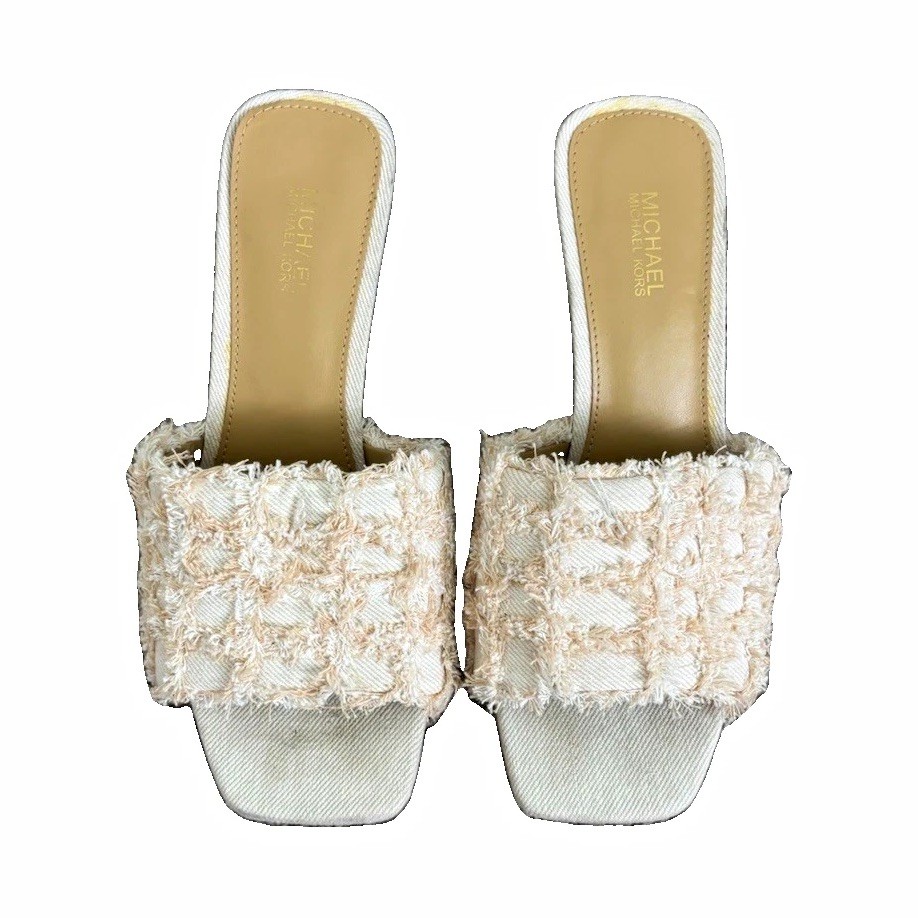 Michael Kors Ivory Fringe Square Toe Slip-On kitten Heels Women’s US 6.5