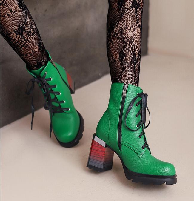 Women’s Faux Leather Ankle Boots Lace Up Shoes Block Heel High Top Loafers Zip