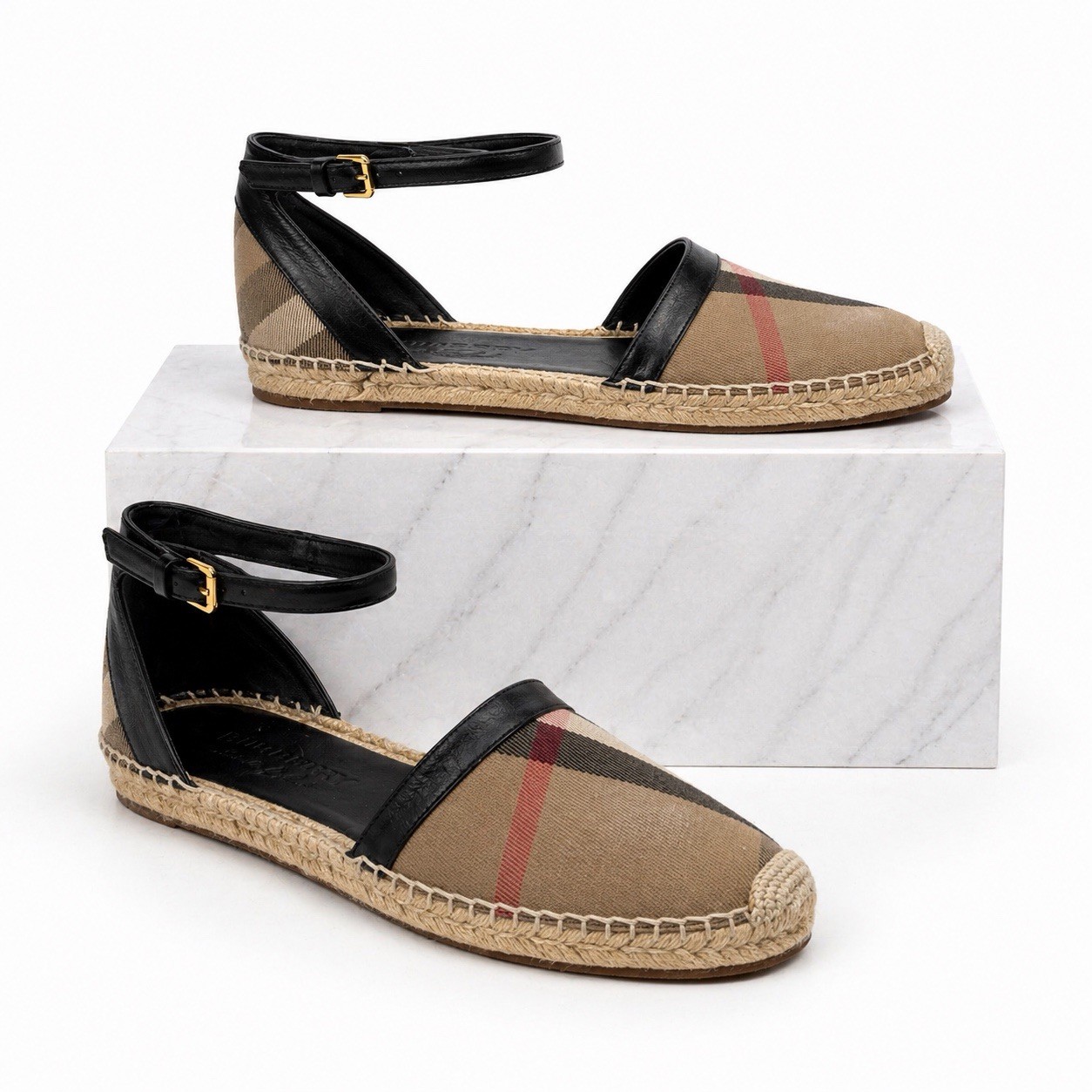 Burberry Abbington Nova Check Ankle Strap Espadrille Flats Black Women Size 41