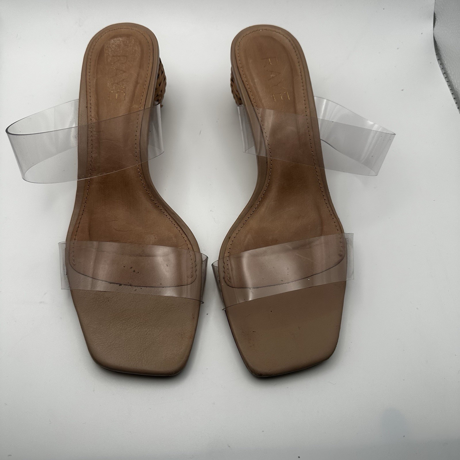 Raye Jaden Heel Nude Clear Straps Square Woven Basket Heel 7.5 Revolve Boho Chic