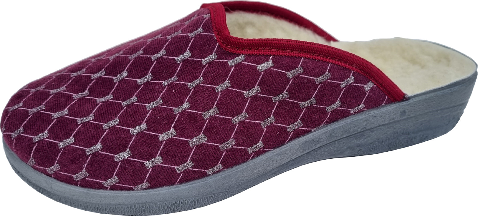 Warm slippers-mules size 40 cotton/velvet virgin wool burgundy