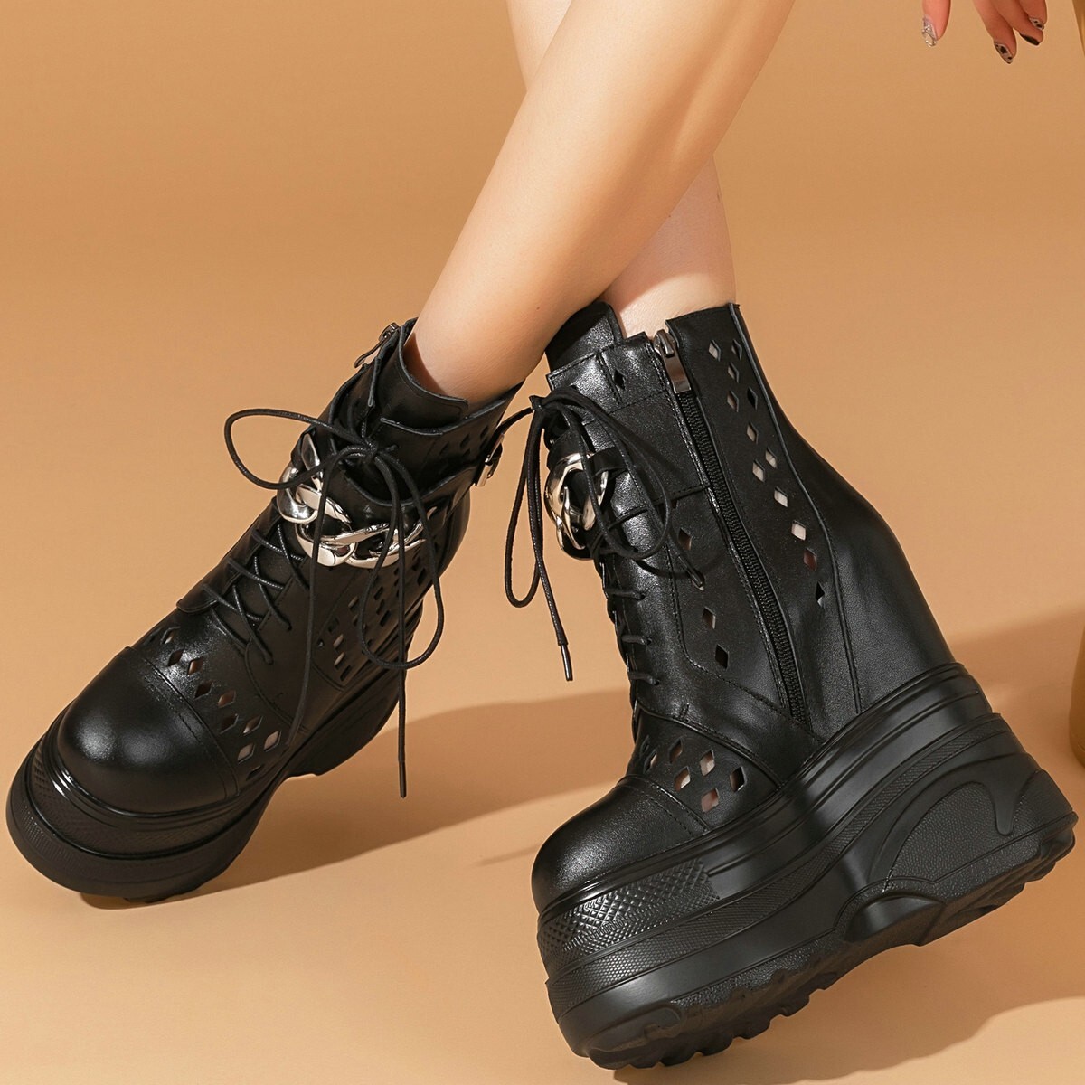 16cm High Heels Women Leather Platform Wedge Ankle Boots Plus Size Sandal Pumps