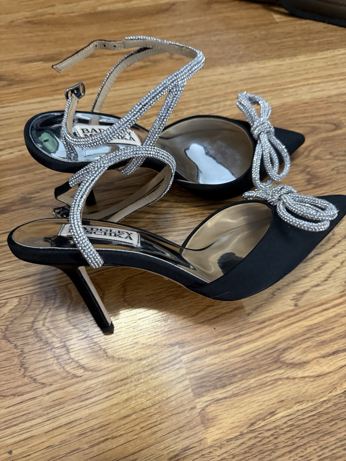 Badgley Mischka Women’s Black Satin Bow Rhinestone Ankle Strap Heels