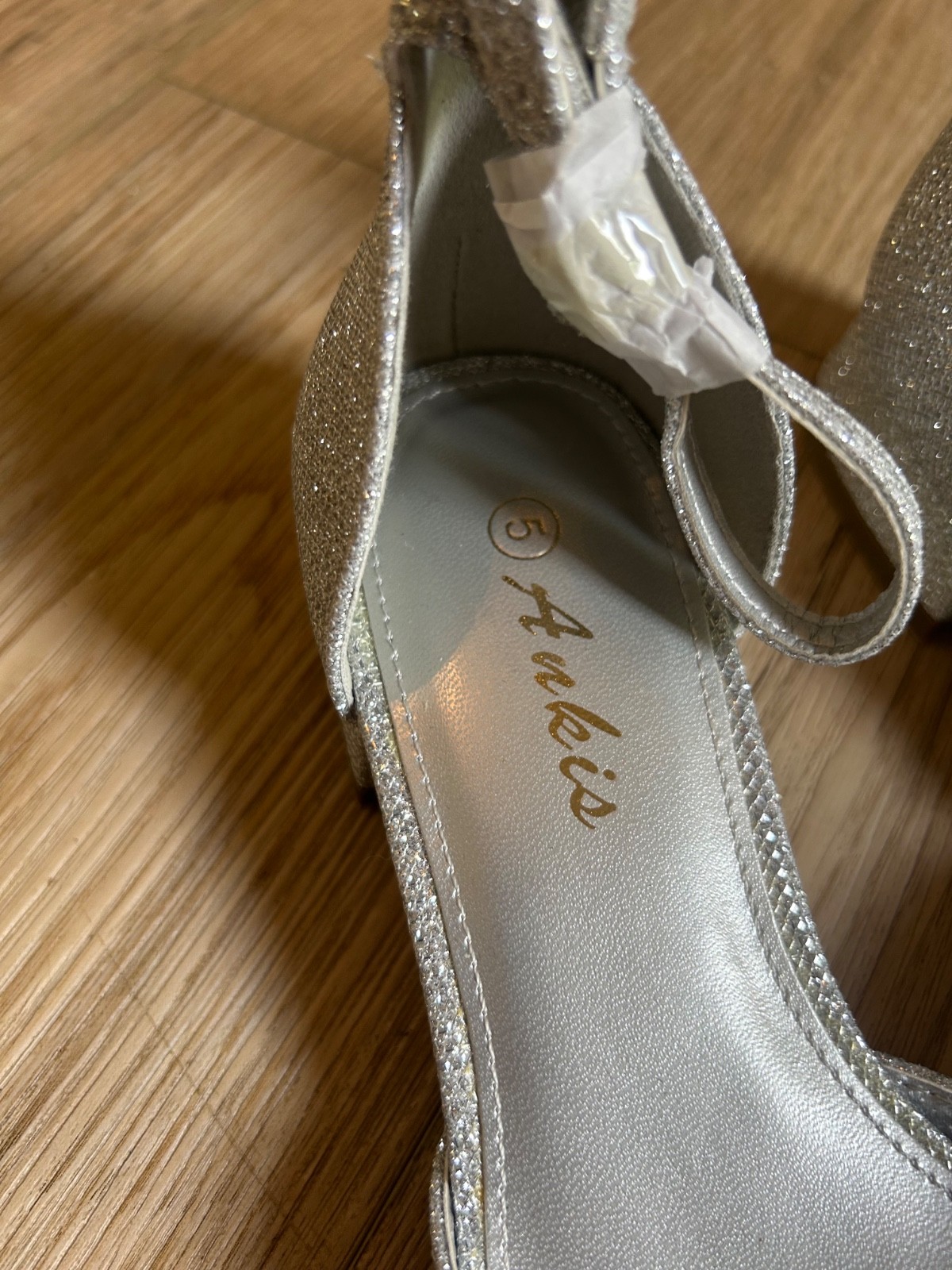 Size 5 silver glitter round toe ankle strap low heels NWOT dressy glam party