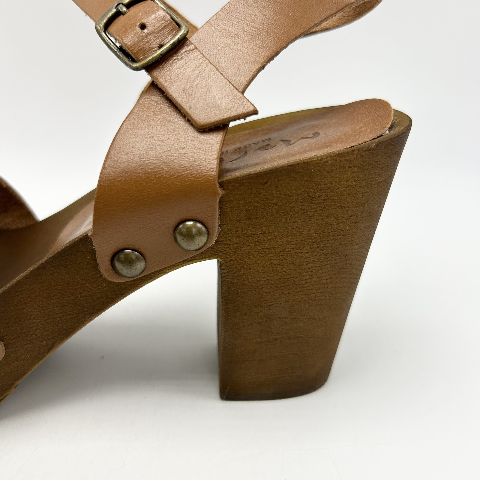 Mariella Sandals Womens 9.5 M Brown Leather Block Heels Wood Look Made in Italy