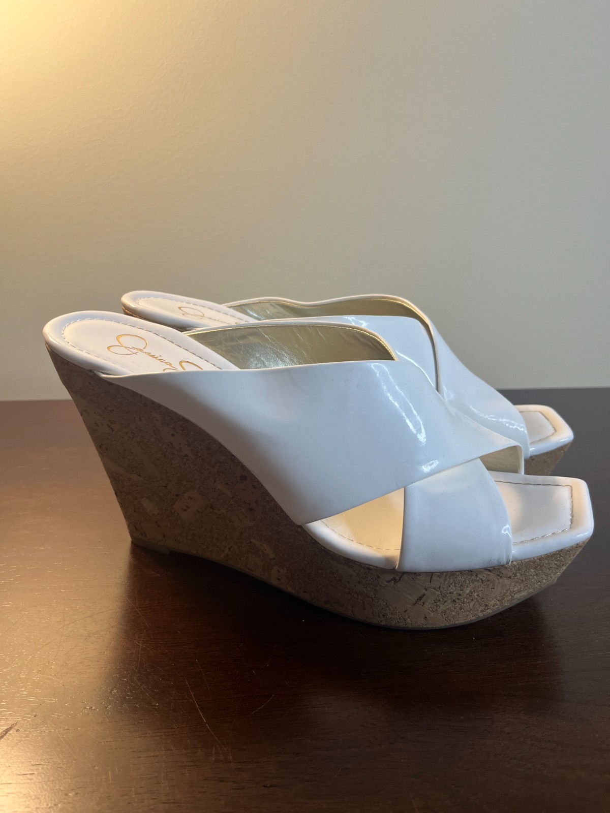 Jessica Simpson White Patent Wedge Sandals Women’s Size 10 Cork Platform