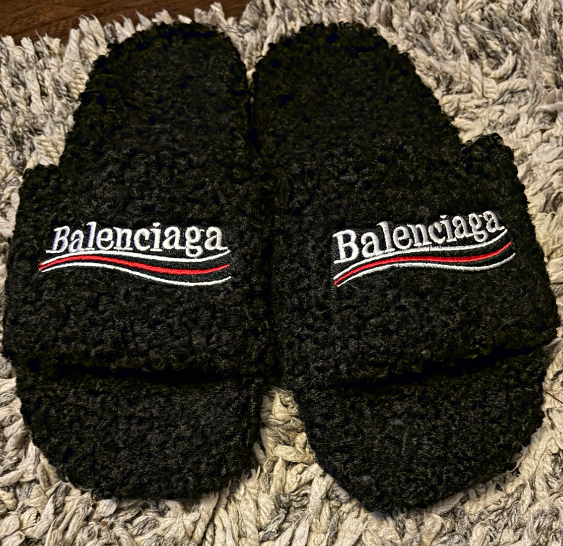Balenciaga Black Faux Fur Logo Slide Sandals Slip On Comfort WITH BAG EU 44