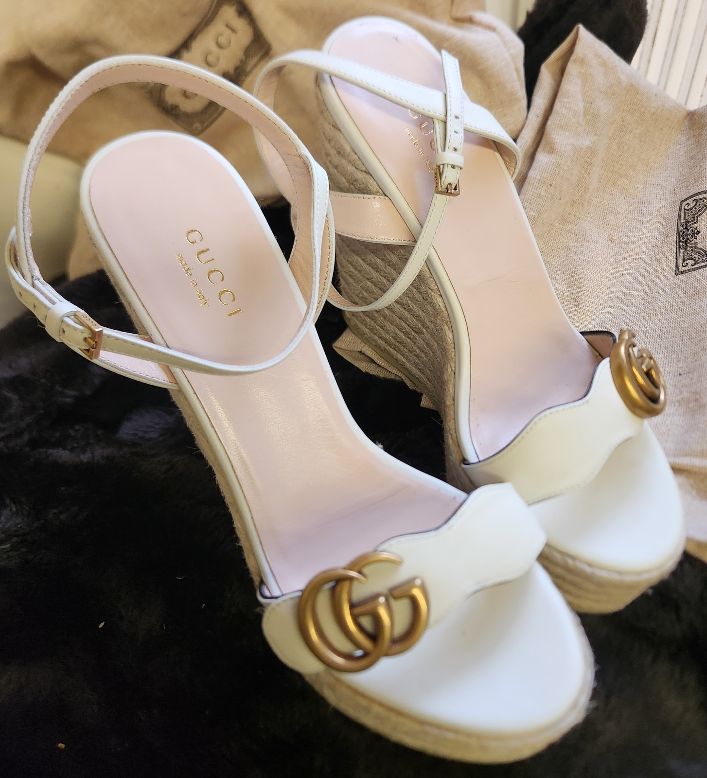2017 Gucci GG Marmont Espadrille Wedge Mystic White W/Dust Bags + OG Box