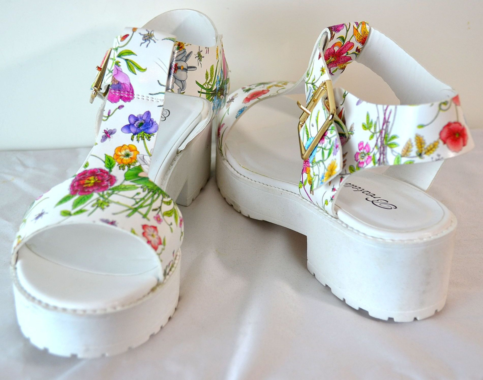 Breckelles T Strap Floral Print Sandals Faux Leather
