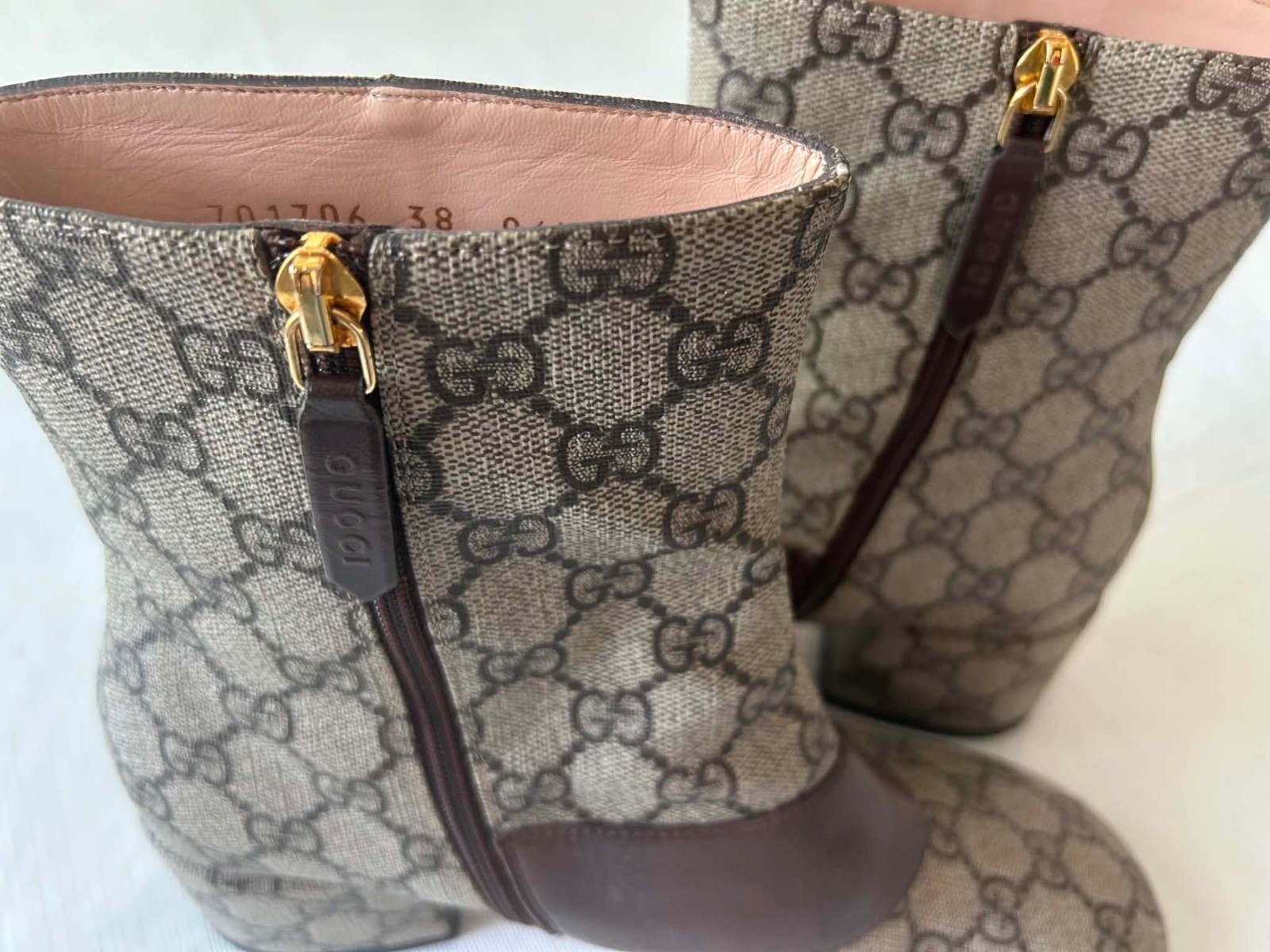 Gucci GG Supreme Logo Print Beige Canvas/Brown Leather Ankle Boots 38
