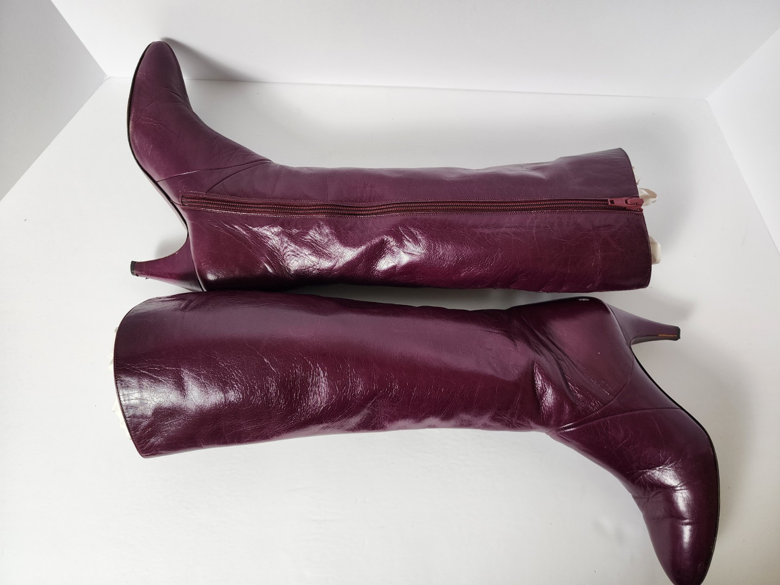 ​Vintage 80’s BRUNO MAGLI Plum Purple Leather Knee High Boots Italy 7.5 AA Slim