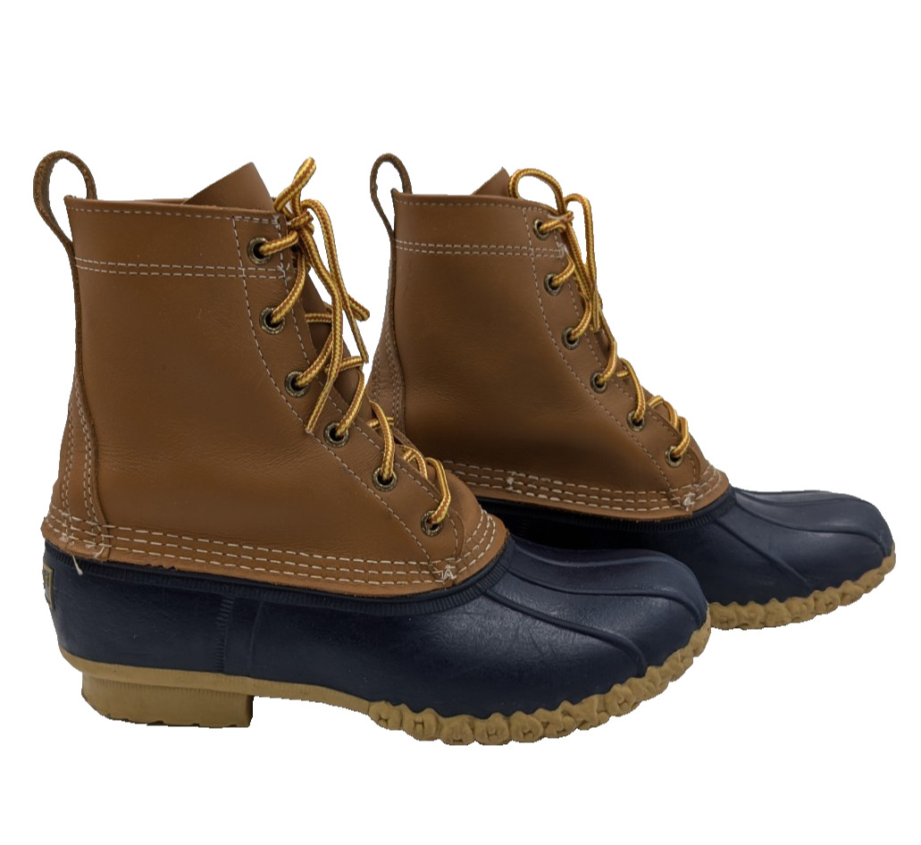 L.L. Bean Bean Boots 8″ Women’s 9M Tan Navy Duck Boot Made in Maine USA 212880