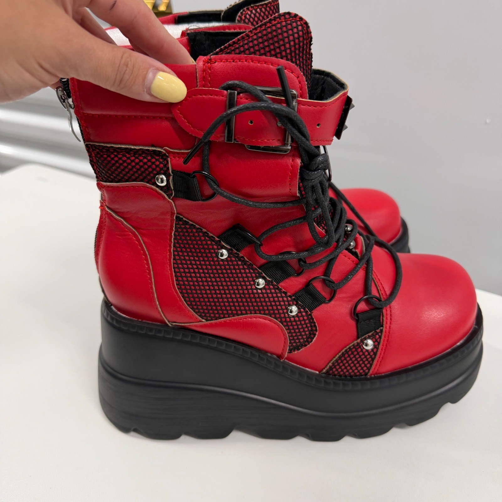 Red Platform Boots Gothic Punk Studded Mesh Wedge Ankle Boots Red Black Size 38