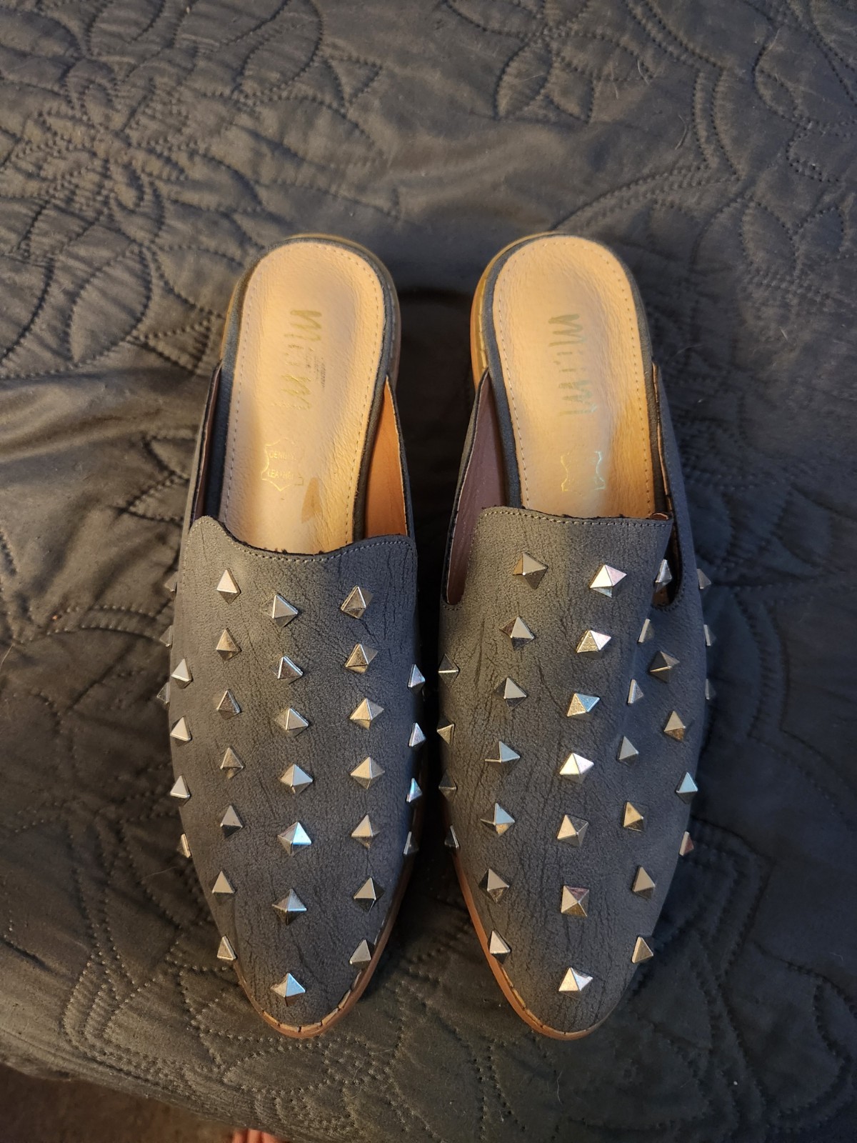 Mi.iM Women’s Gray Silver Studded Leather Slide on Mule, 8.5