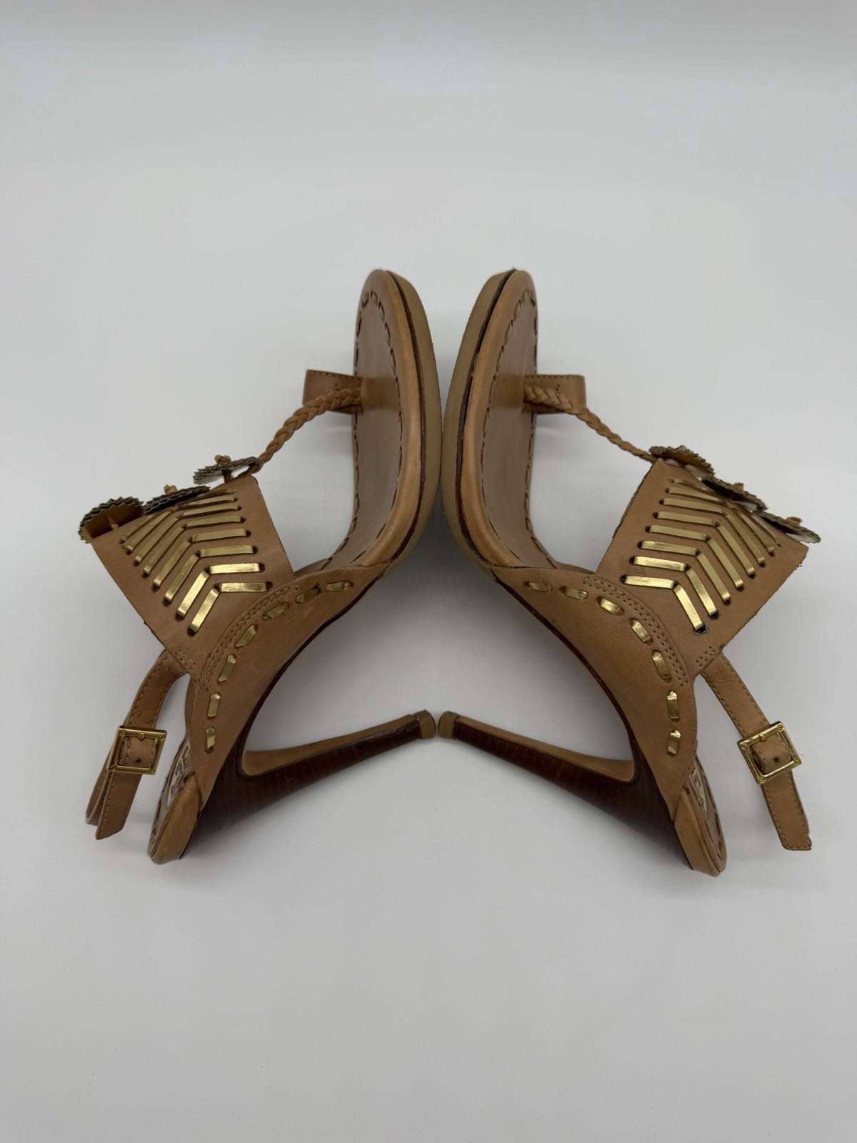 Tory Burch Caylan Leather Sandals Tan Gold Toe Ring Boho Style Heels Tribal Sz 8