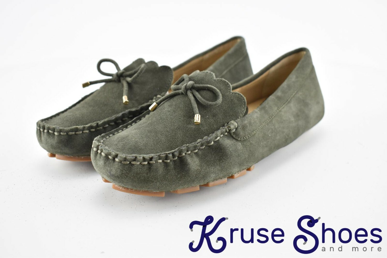 Lands’ End Women’s «Deep Olive» Scalloped Suede Driving Mocs Size 7D