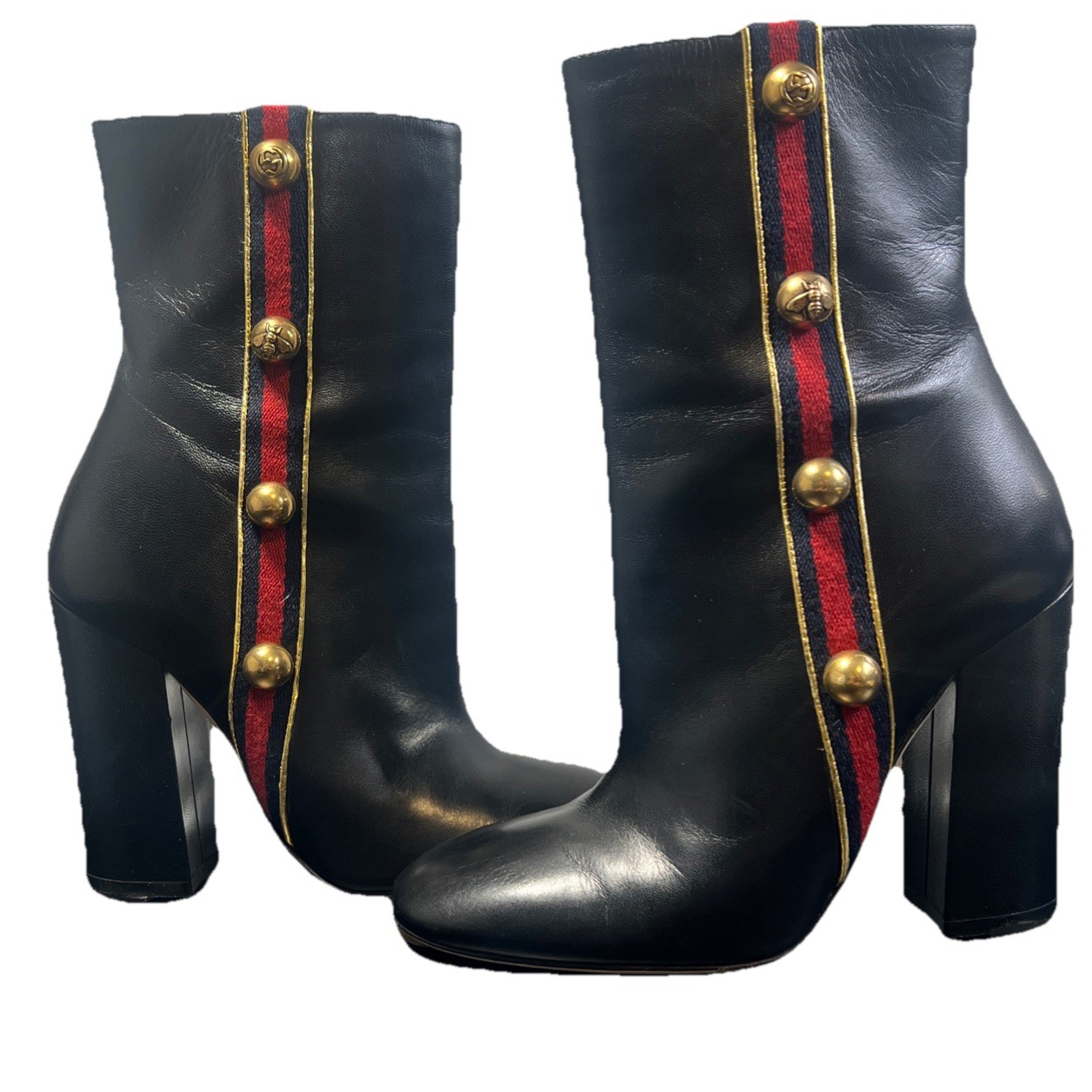 Gucci Carly Malaga Studded Ankle Boots 36.5 Black Leather Web Stripe