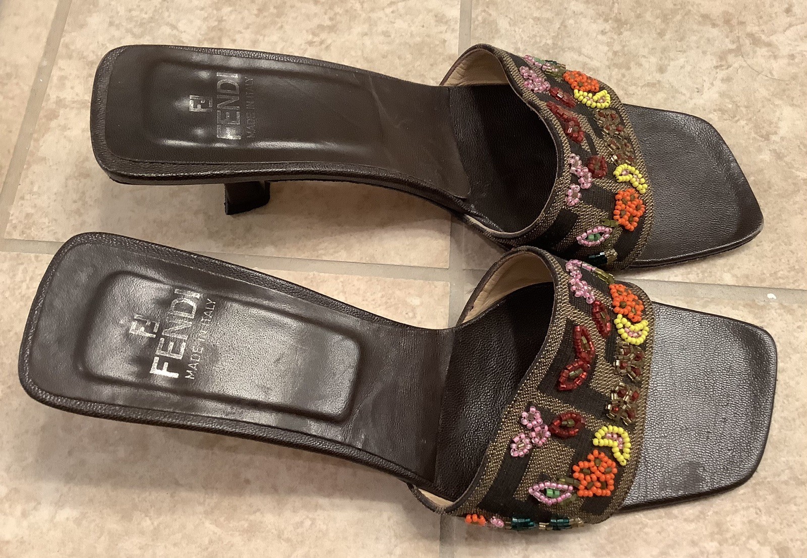 Vtg collectible Fendi 90s Beaded Slide Sandal Heels Brown FF Logo 6M Made Italy