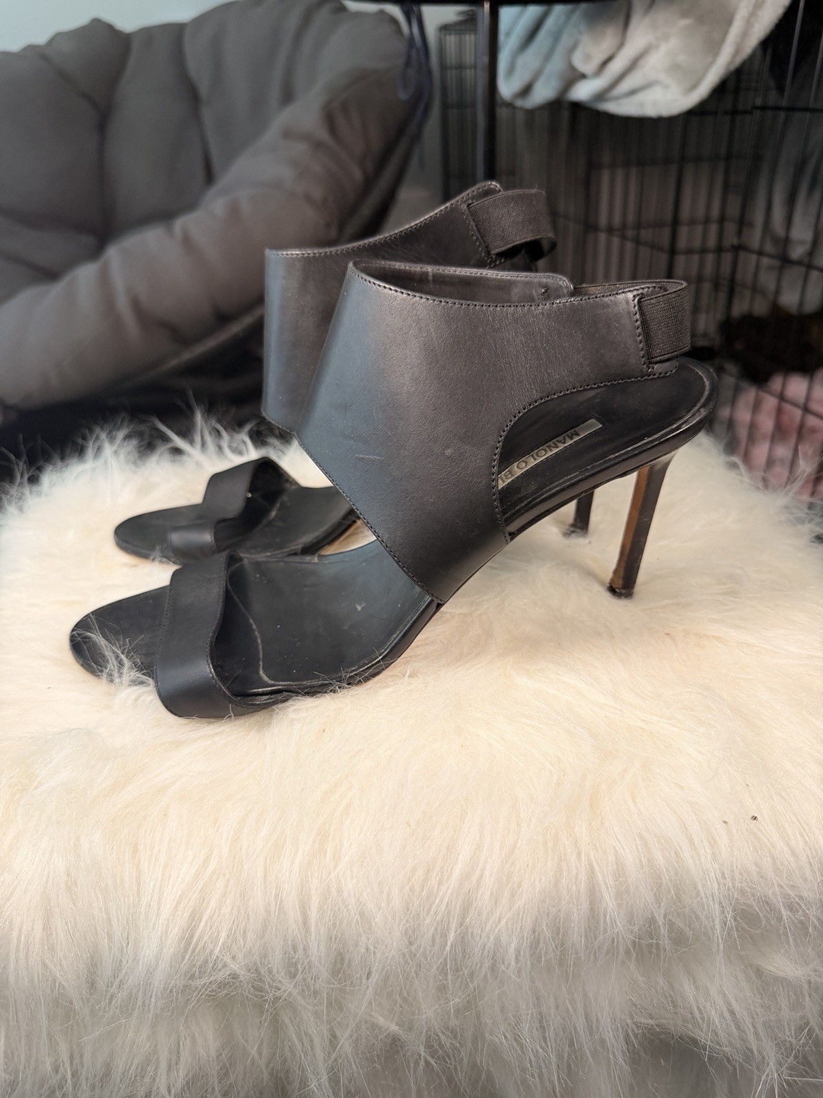 Manolo Blahnik Black Leather Ankle Cuff Stiletto Sandals EU 40.5 US 10/10.5