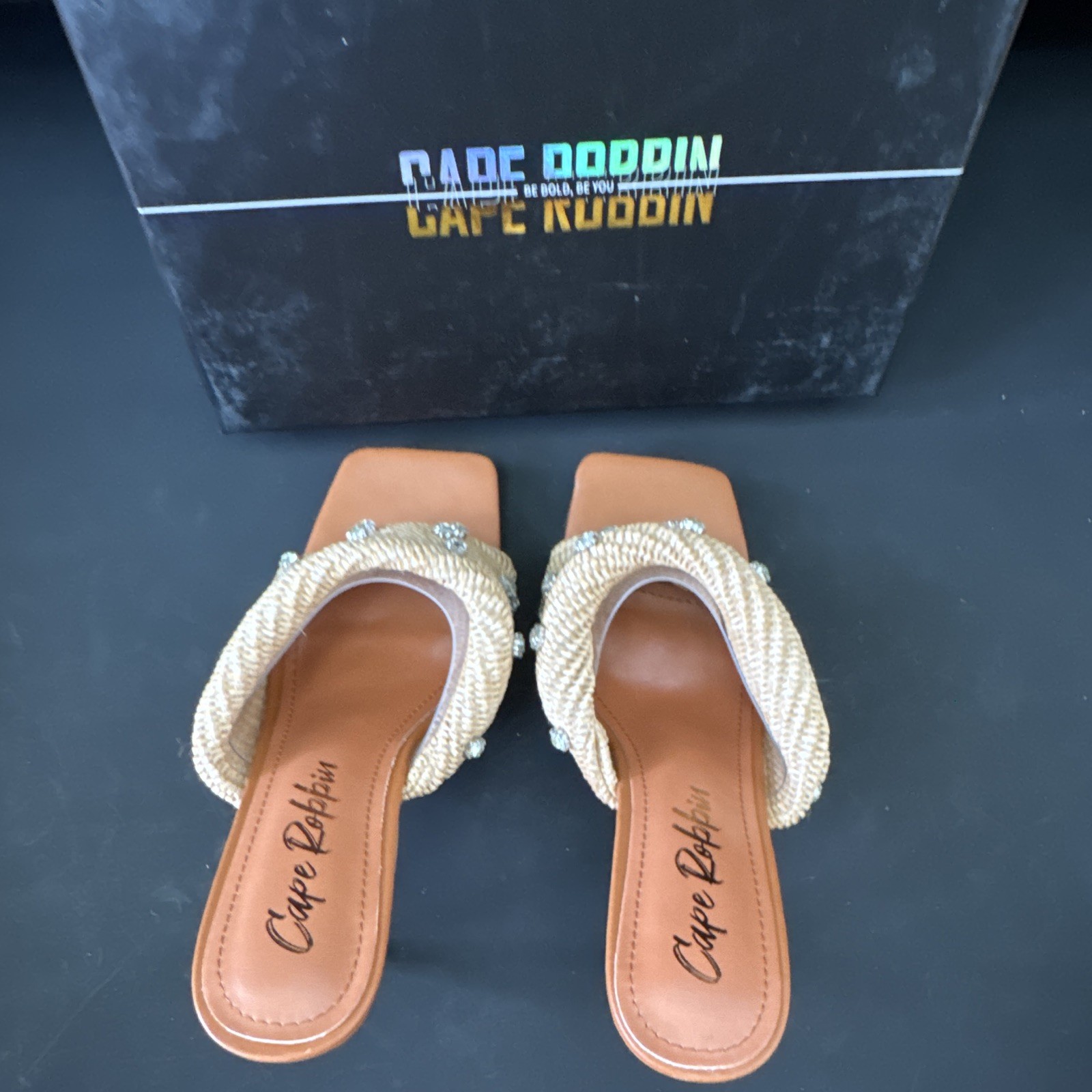 Cape Robbin Beige/Brown Woven Fabric Rhinestone Mule Square Toe Stiletto US 10
