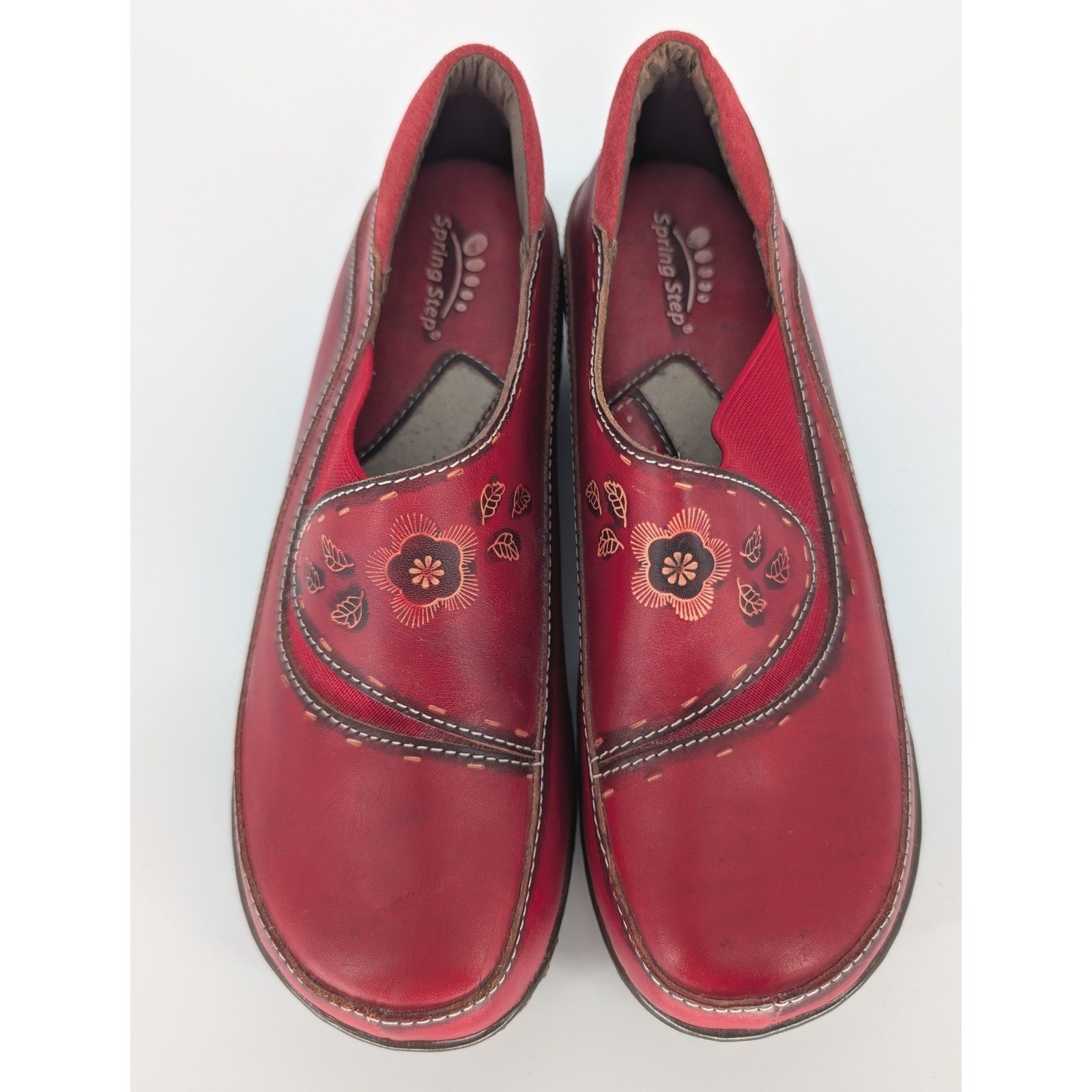 Spring Step Burbank Clog Loafer Women 38 Red Leather Floral Stitched Boho Artsy