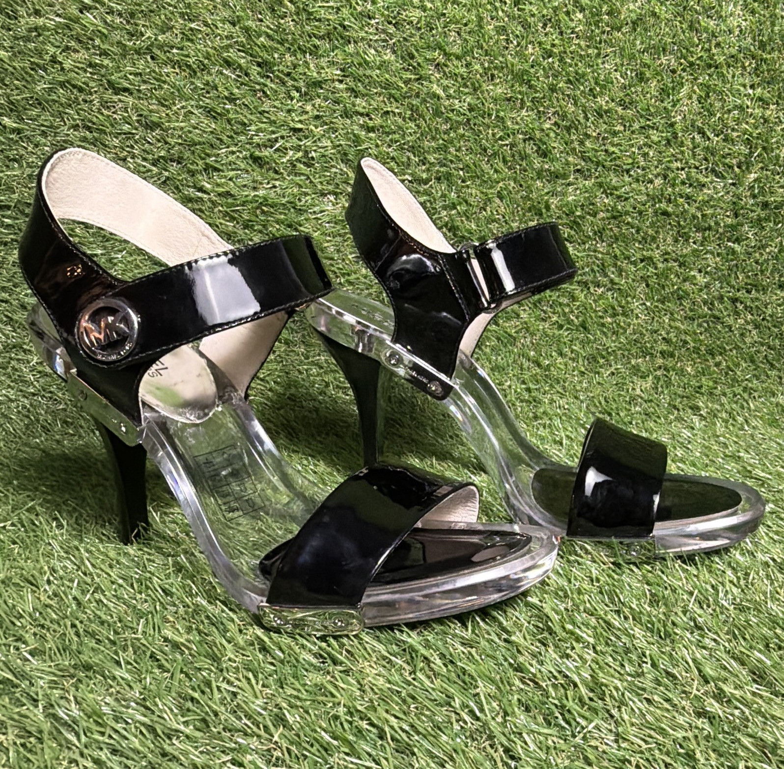 Michael Kors Black/Clear Leather Strappy Open Toe Buckle Stiletto Heels US 7