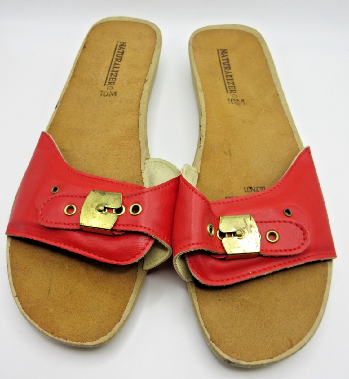 Vtg Naturalizer Leather Red Buckle Slide Sandals Womens sz 10 M 1970s Look