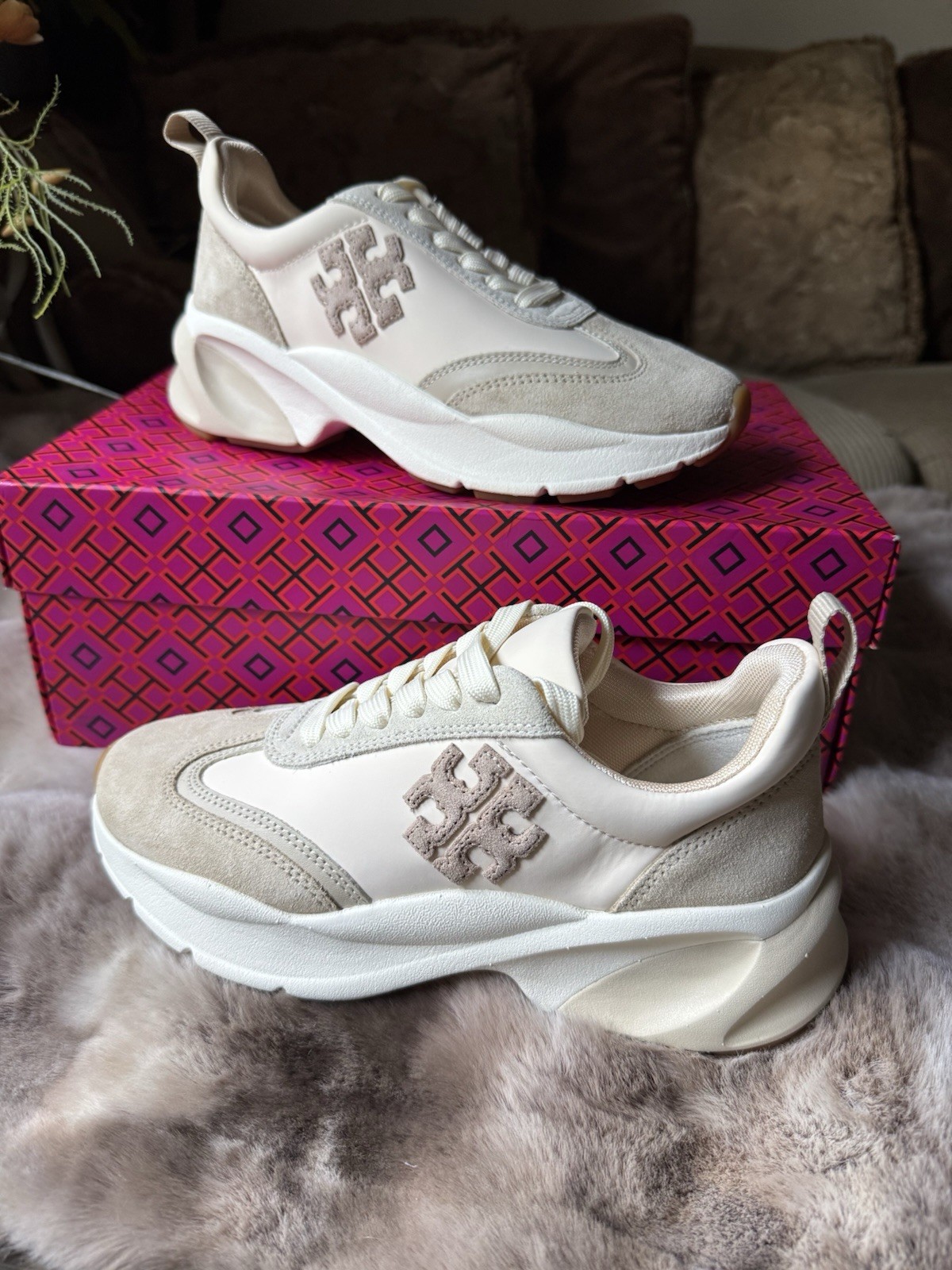 Tory Burch Good Luck Trainer/US5M/ French Pearl/Nylon/ Nat Suede/$300