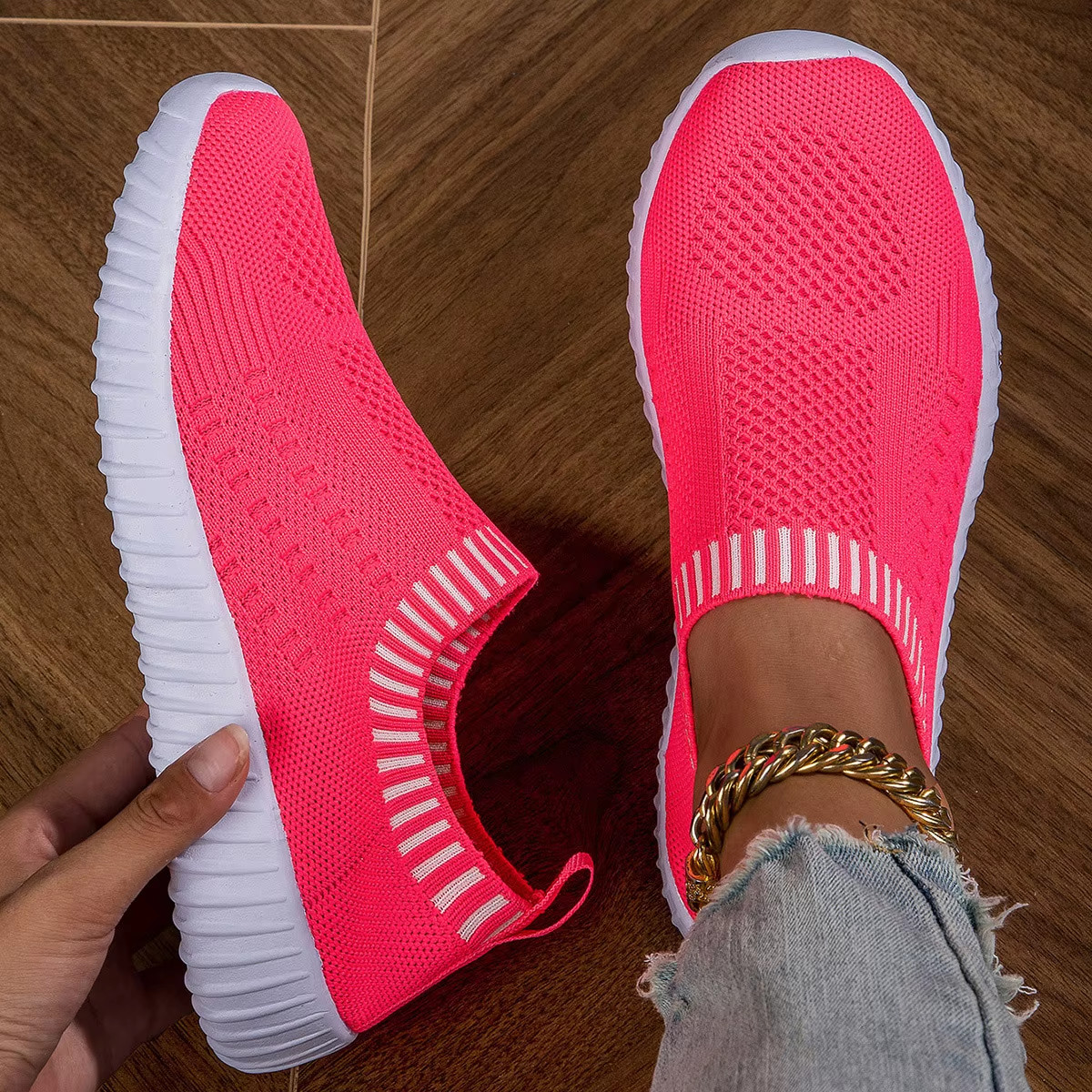 Womens Breathable Knitted Trainers, Lightweight Mesh Outdoor Shoes Casual