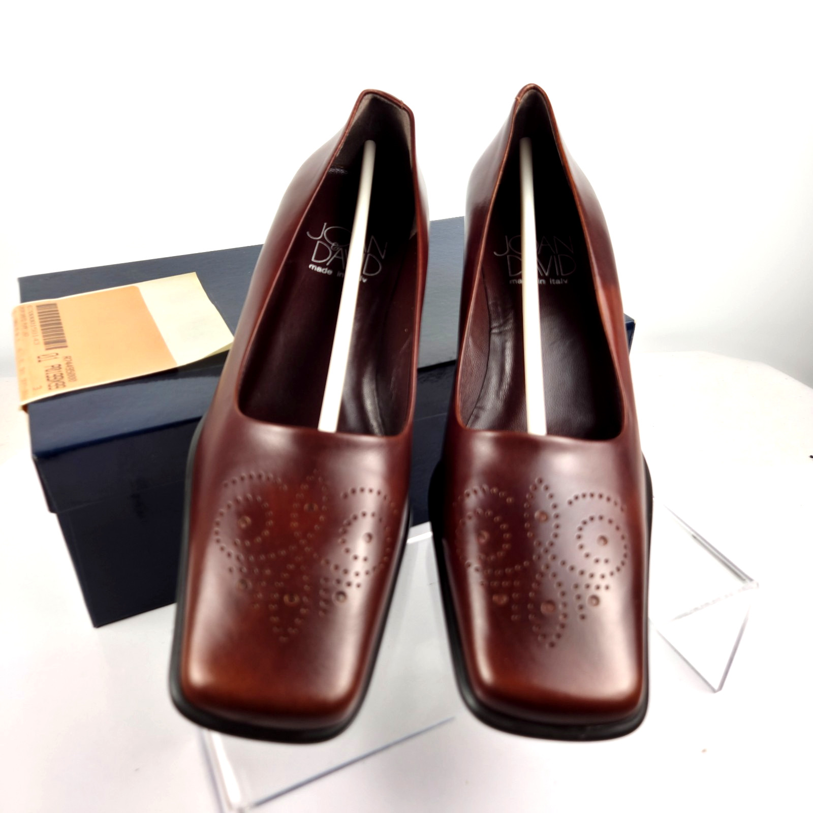 Joan & David Walnut Brown Leather Square Toe Block Heel Pumps 8.5M Italy VTG NOS