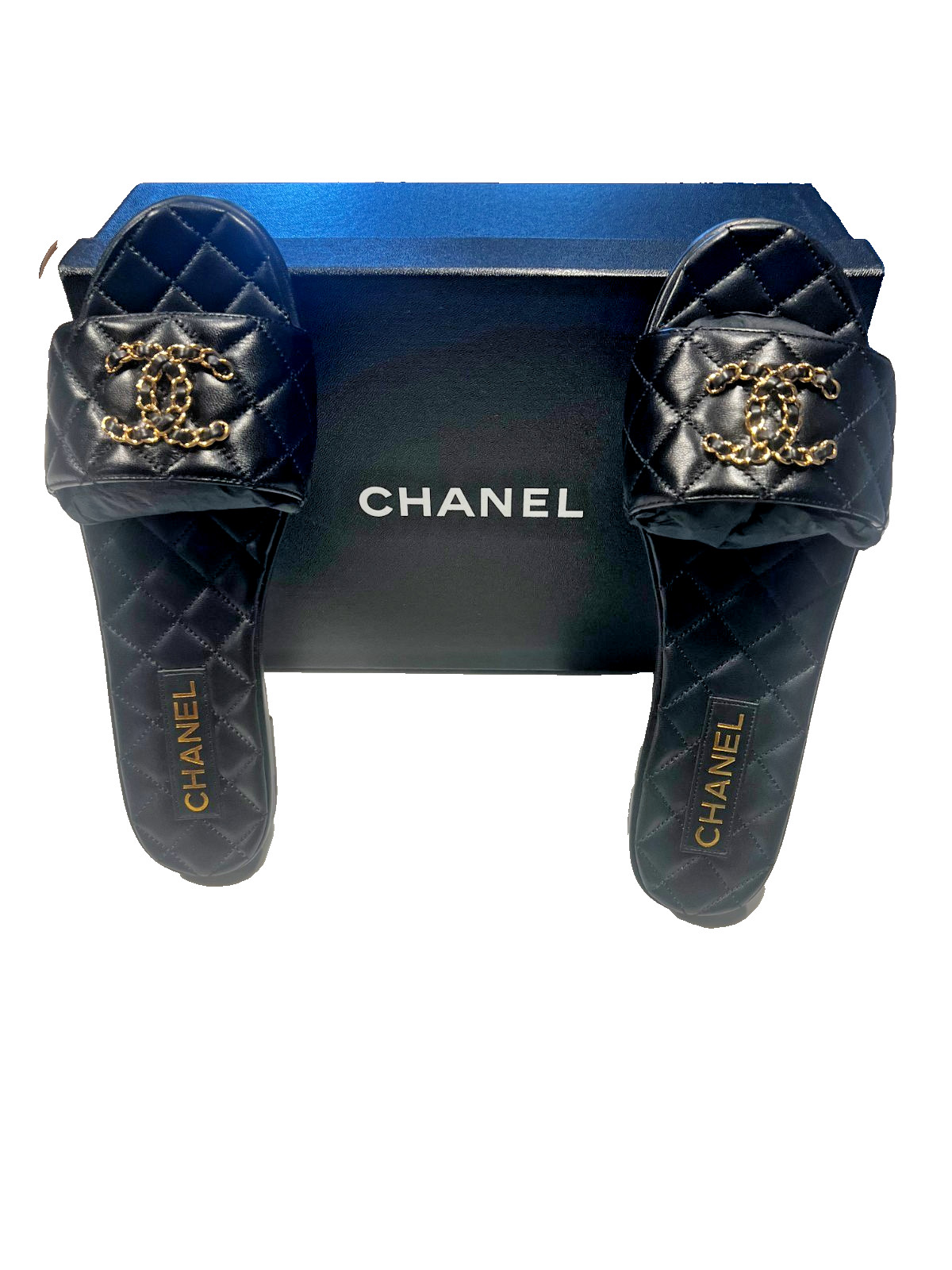 NEW CHANEL CC GOLD CHAIN CHANEL LOGO BLACK QUILTED MULES SANDAL SLIDES SIZE 40.5