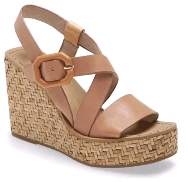Louise et Cie Palina Platform Sandals Rattan Wedge Heel Strappy Tan Leather Sz 7
