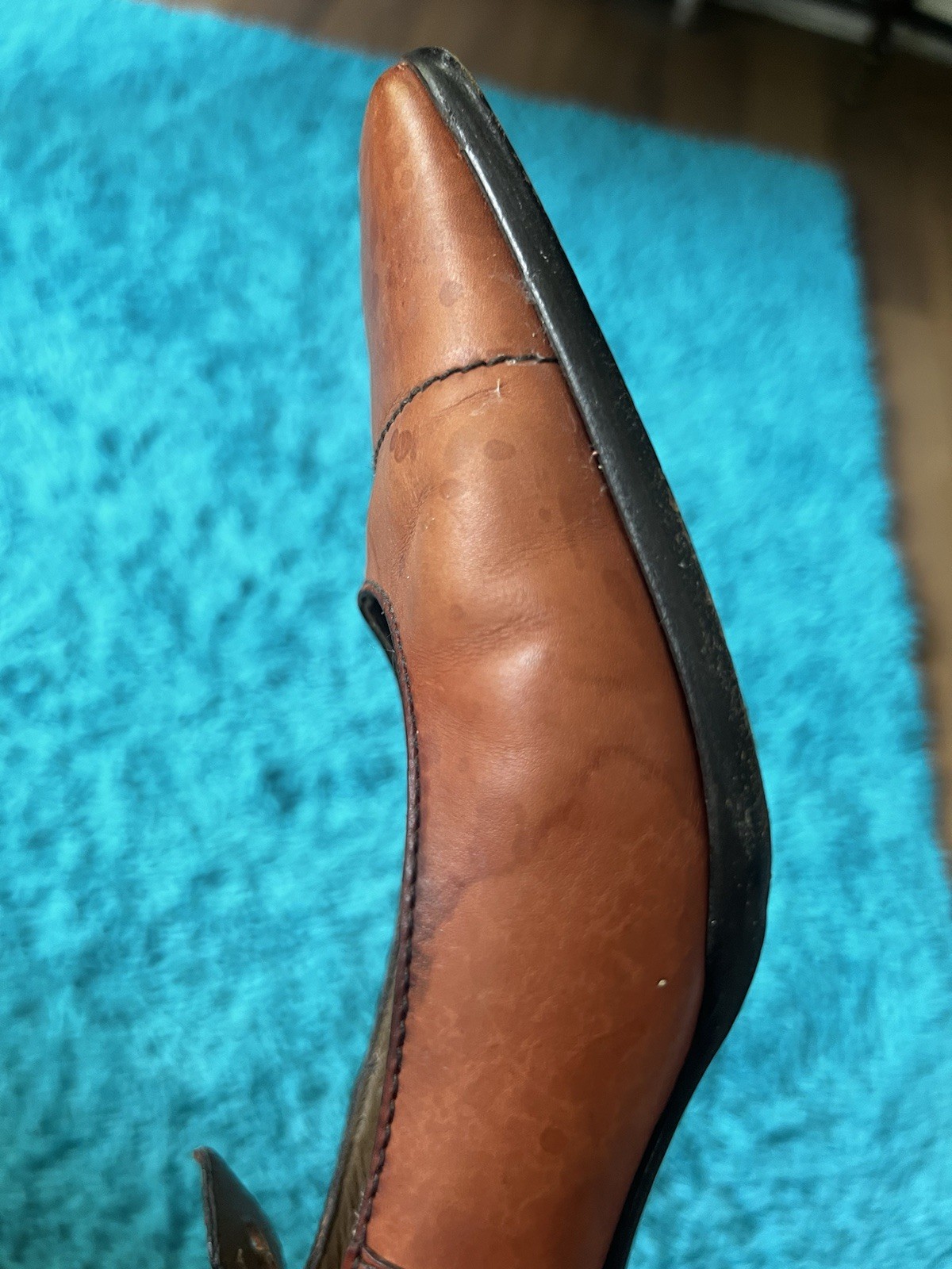PRADA Brown Leather Square Toe Buckle Strap Block Heel Pumps EU 37