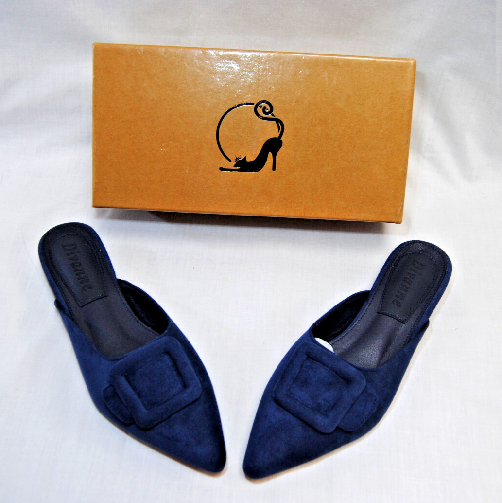 Divanne Womens Buckle Flat Backless Mules Pointed Toe Suede Pull On Shoes T2335