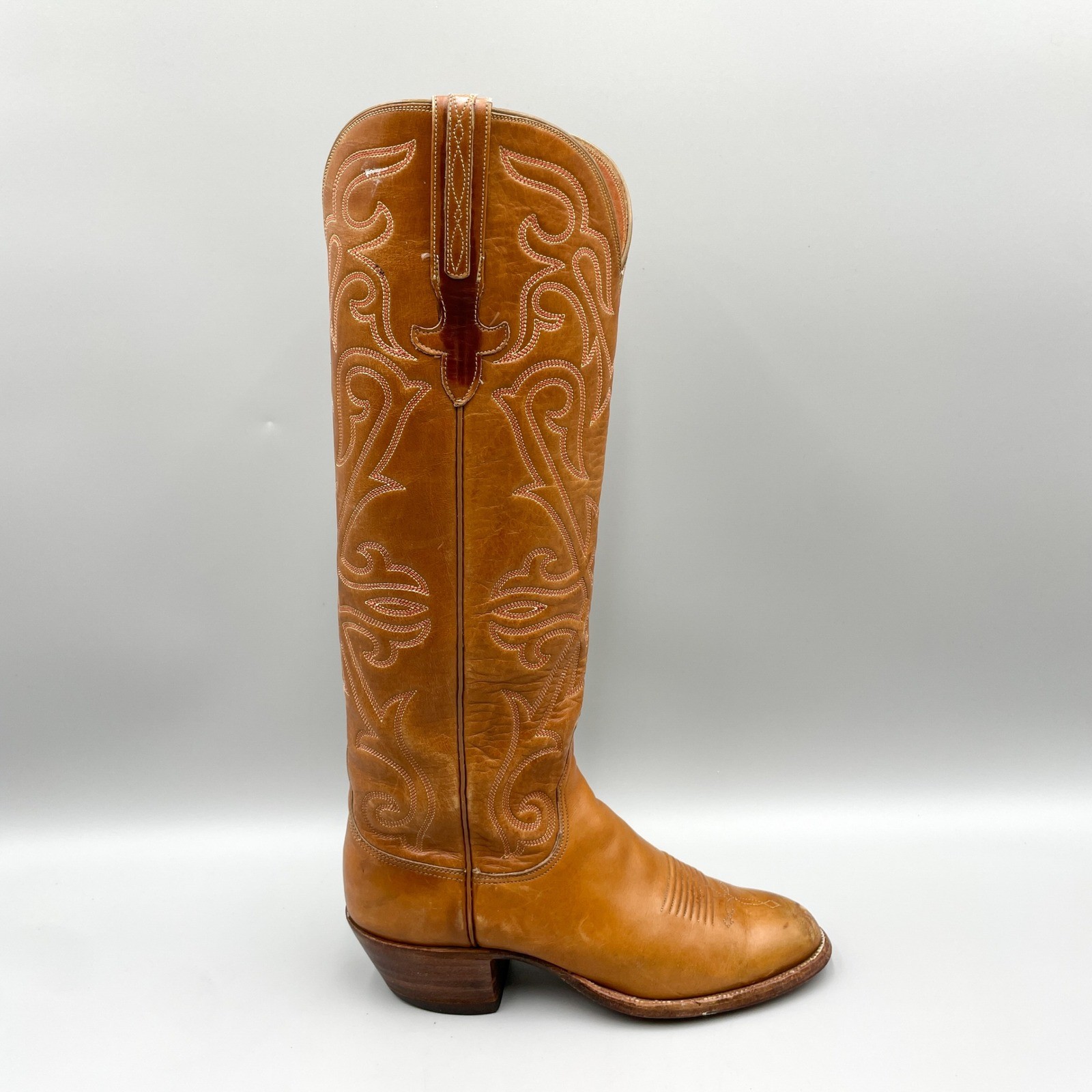 Vintage Lucchese Womens 6B Tan Leather Tall Western Cowboy Riding Boots Coastal