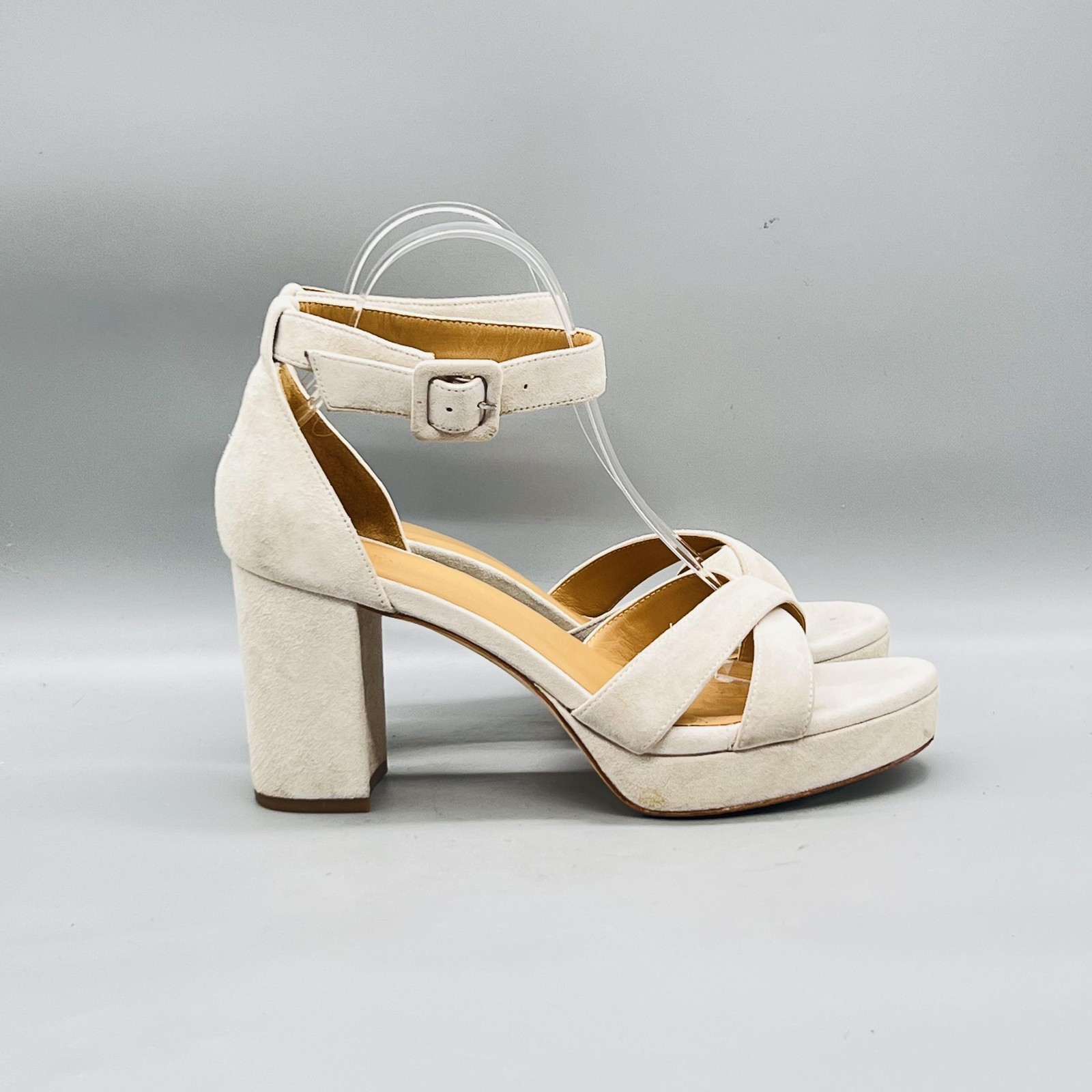Quince Sandals Womens 9 Beige Suede Strappy Ankle Strap Buckle Block Heel Shoes