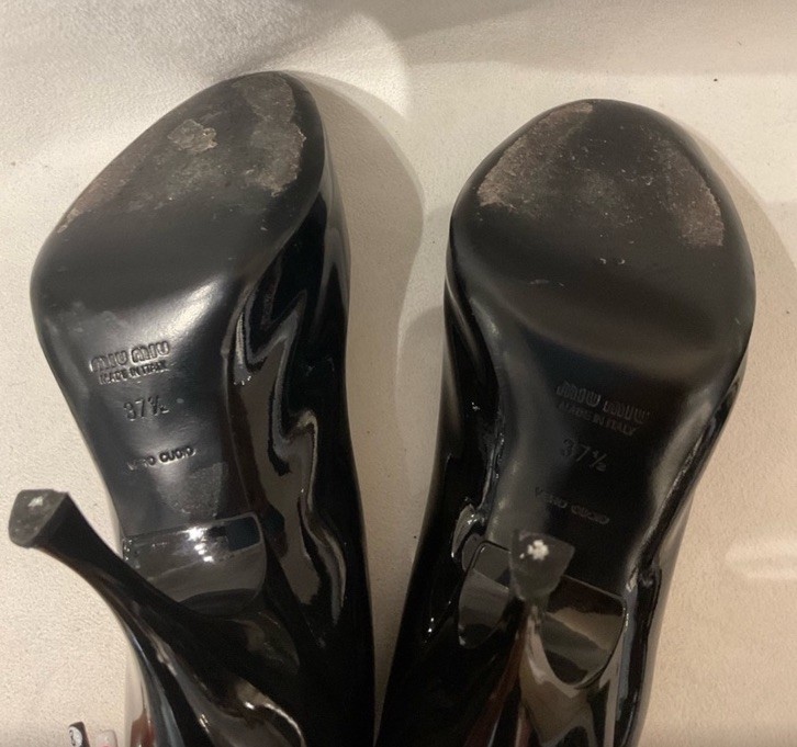 Miu Miu Black Patent Leather Peep Toe Stiletto Heels Size 7.5Excellent Condition