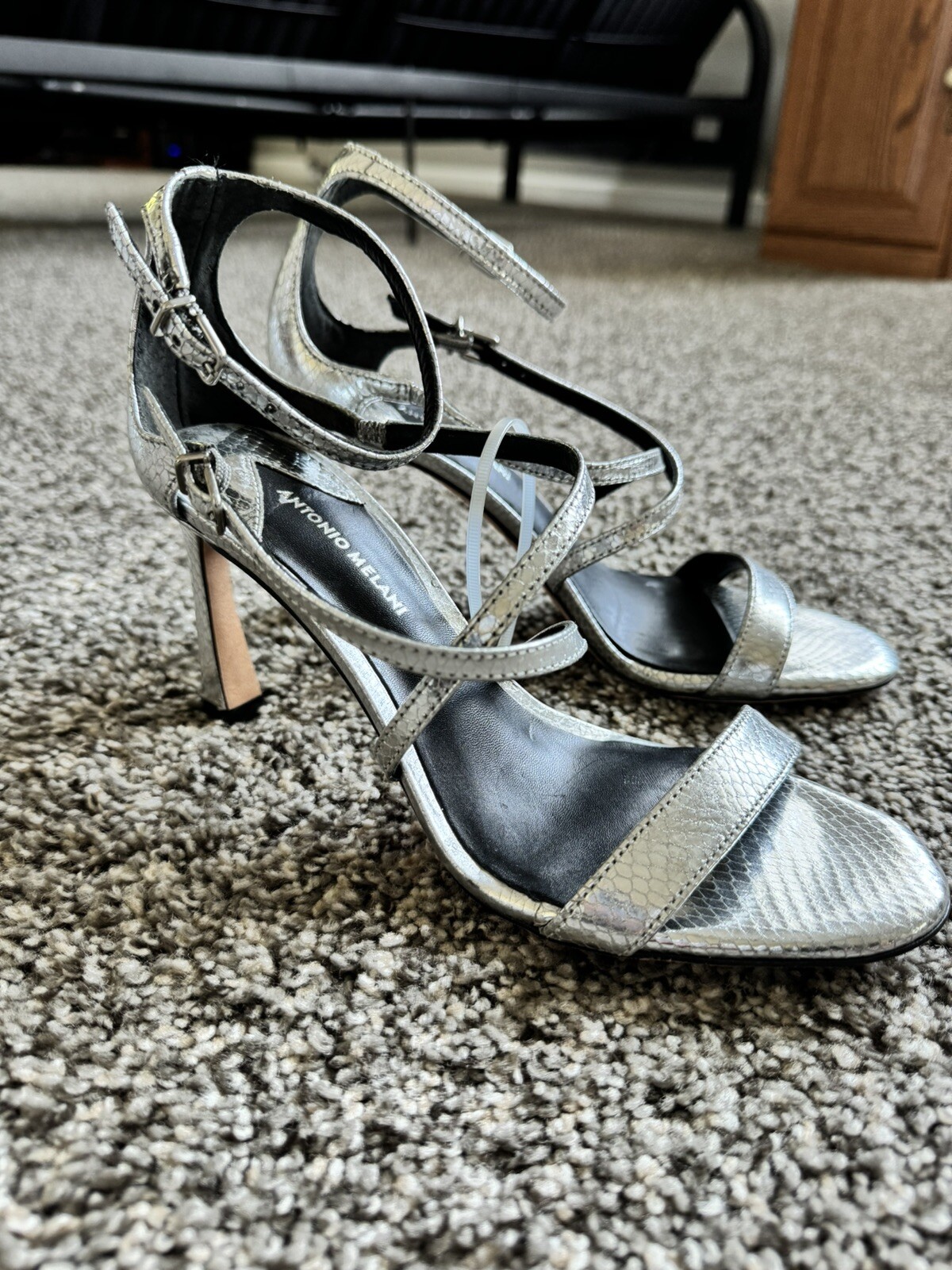Antonio Melani Shiny Silver Adjustable Strappy Round Toe 3 Inch High Heel 8.5