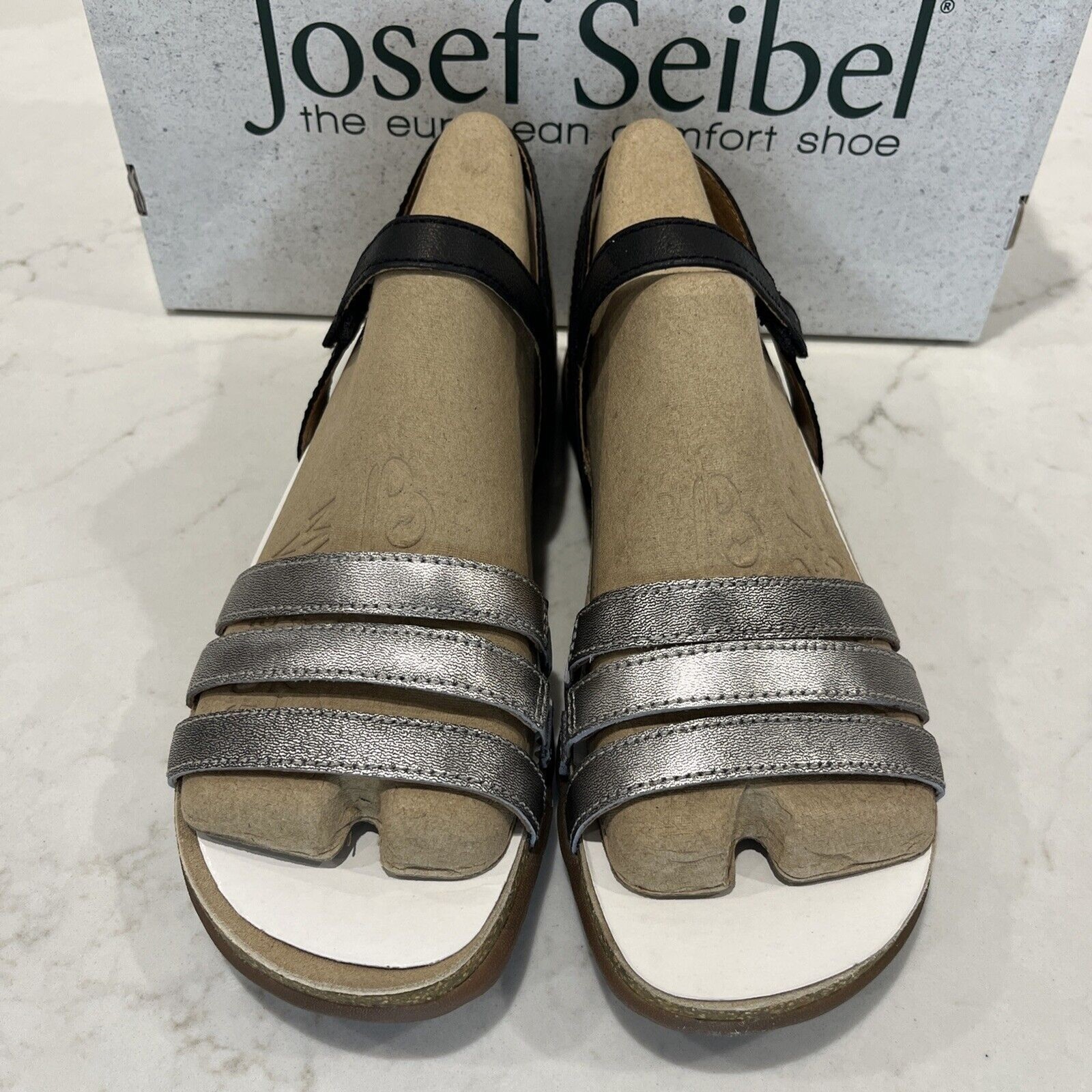 Josef Seibel NEW Sandals Riley Strappy Comfort Shoes Silver Black Cork EU42 US11
