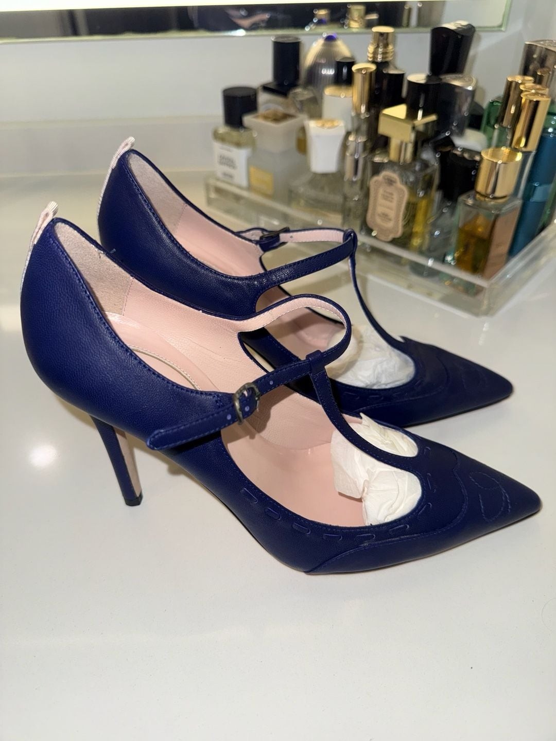 SJP Sarah Jessica Parker Navy Leather T-Strap Pointed Toe Heels Size 36