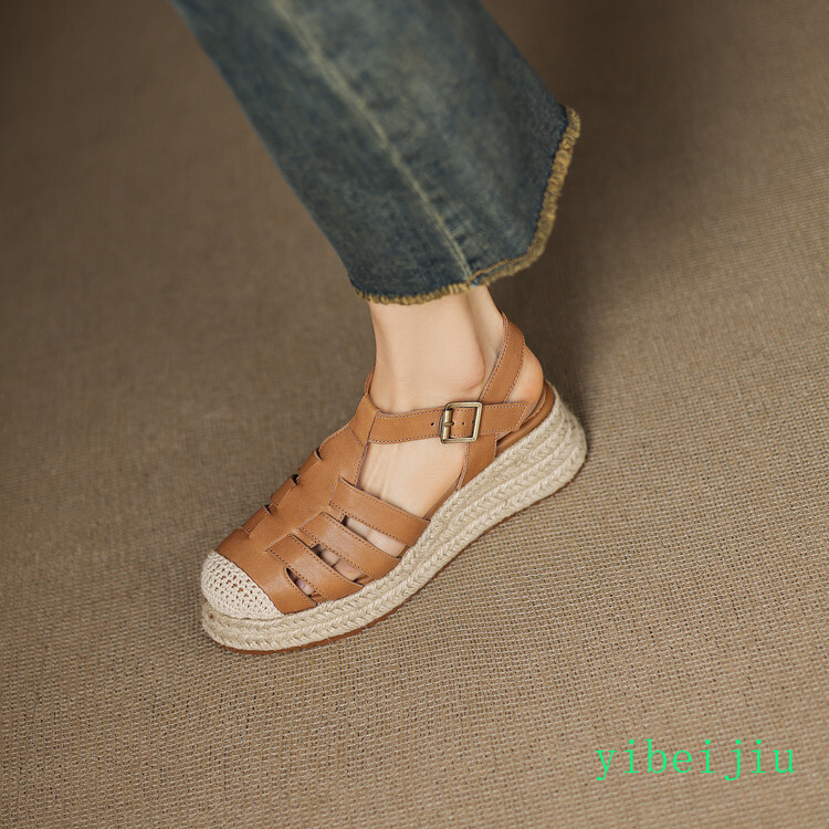 Women’s Roman Platform Weave Woven Sole Sandal Leather Shoes Low Wedge Heel 2026