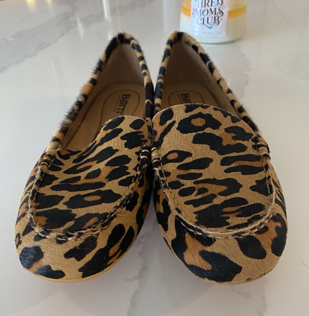 Born Women’s Leopard Animal Print Leather Slip-On Loafer Flats 9 Brown/Black